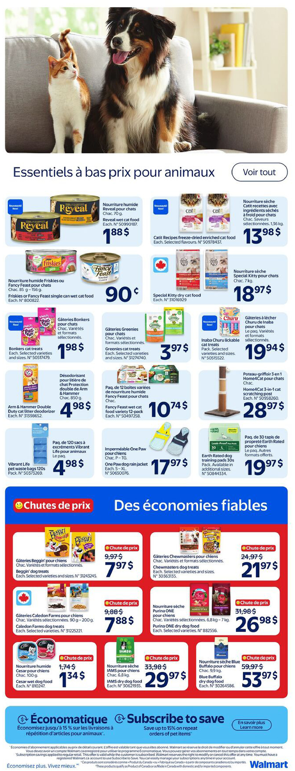 Walmart Canada flyer page 17 features 'Essentials at low prices for pets'. Products include Reveal wet cat food for $1.88, Catit Recipes freeze-dried cat food for $13.98, Friskies or Fancy Feast single can wet cat food for $0.90, and Special Kitty dry cat food for $18.97. Also available are Bonkers cat treats for $1.98, Greenies cat treats for $3.97, Arm & Hammer Double Duty cat litter deodorizer for $4.98, Fancy Feast wet food variety 12-pack for $10.74, Vibrant Life pet waste bags 120s for $4.98, and One Paw dog rain jacket for $17.97. Earth Rated dog training pads 30s are $19.97, and a Home4Cat 3-in-1 cat scratching post is $28.97. The 'Price drops' section includes Beggin' dog treats for $7.97, Chewmasters dog treats for $21.97, Caledon Farms dog treats for $7.88, Purina ONE dry dog food for $26.98, Cesar wet dog food for $1.34, IAMS dry dog food for $29.97, and Blue Buffalo dry dog food for $53.97. The bottom of the page highlights 'Economatique' savings up to 15% on repeat orders of pet items and a 'Subscribe to save' option.