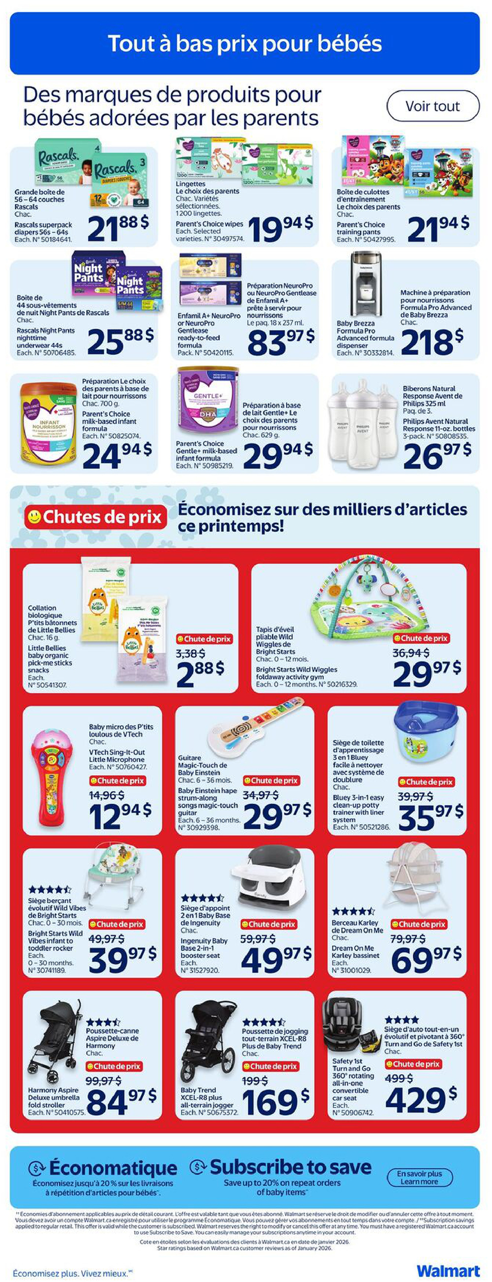 Walmart Canada flyer page featuring baby products. Top section showcases popular brands like Rascals, Parent's Choice, and Enfamil. Offers include Rascals superpack diapers (56-64 count) for $21.88, Parent's Choice wipes for $19.94, Rascals Night Pants (44 count) for $25.88, Parent's Choice infant formula (700g) for $24.94, Enfamil A+ NeuroPro Gentlease formula (18 x 237ml) for $83.97, Parent's Choice Gentle+ milk-based infant formula (629g) for $29.94, and Parent's Choice training pants for $21.94. Also featured is a Baby Brezza Formula Pro advanced formula dispenser for $218 and Philips Avent Natural Response bottles (3-pack) for $26.97. The bottom section highlights 'Chutes de prix' (Price Drops) and 'Économisez sur des milliers d'articles ce printemps!' (Save on thousands of items this spring!). Deals include Little Bellies organic baby pick-me-sticks snacks for $2.88, Bright Starts Wild Wiggles foldaway activity gym for $29.97, VTech Sing-It-Out Little Microphone for $12.94, Baby Einstein magic-touch guitar for $29.97, Ingenuity Baby Base 2-in-1 booster seat for $49.97, Bluey 3-in-1 easy clean-up potty trainer with liner for $35.97, Harmony Aspire Deluxe umbrella stroller for $84.97, Baby Trend Xcel-R8 plus all-terrain jogger for $169, and a Dream On Me Karley bassinet for $69.97. The page also promotes 'Économatique' (Economatick) and 'Subscribe to save' offering up to 20% off on repeat orders of baby items.