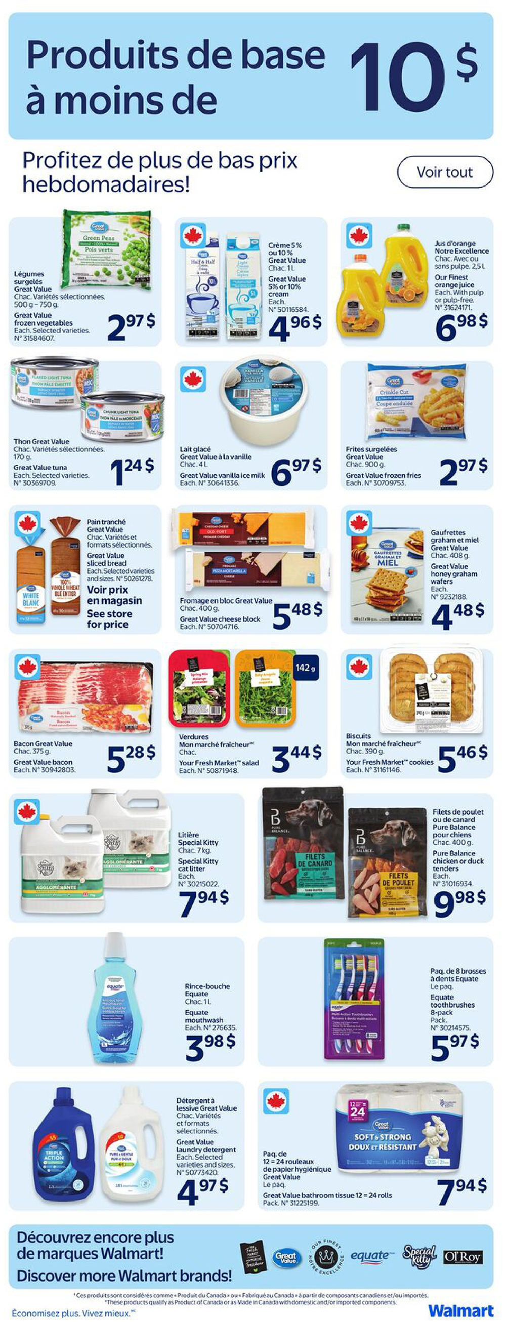 Walmart Canada flyer page featuring base products on sale. Highlights include Great Value frozen vegetables for $2.97, Great Value 5% or 10% cream for $4.96, Our Finest orange juice for $6.98, Great Value chunk light tuna for $1.24, Great Value vanilla ice milk for $6.97, Great Value frozen fries for $2.97, Great Value sliced bread (see in-store for price), Great Value cheese block for $5.48, Great Value honey graham crackers for $4.48, Great Value bacon for $5.28, Your Fresh Market salad for $3.44, Your Fresh Market cookies for $5.46, Special Kitty cat litter for $7.94, Pure Balance chicken or duck tenders for $9.98, Equate mouthwash for $3.98, Equate toothbrushes (8-pack) for $5.97, Great Value laundry detergent for $4.97, and Great Value bathroom tissue (12-24 rolls) for $7.94. The page also promotes discovering more Walmart brands.
