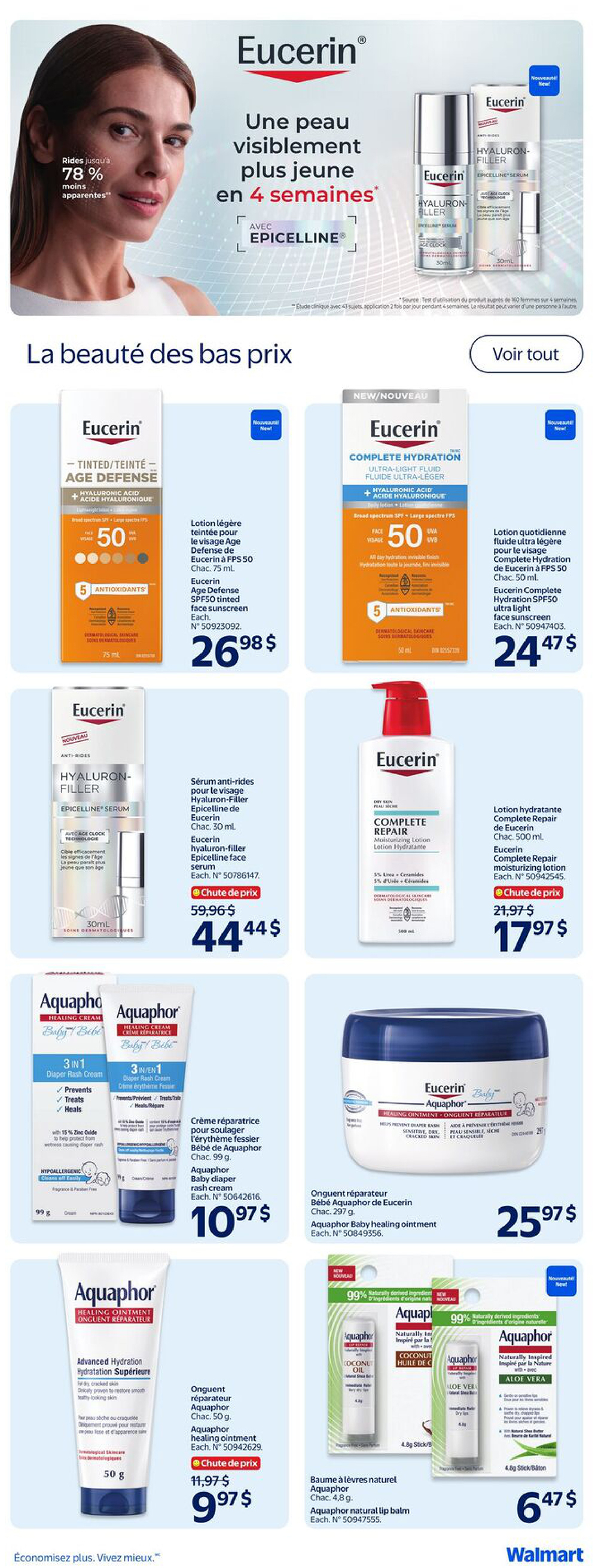 Walmart Canada flyer page 20 featuring Eucerin and Aquaphor skincare products. The main Eucerin promotion highlights 'Une peau visiblement plus jeune en 4 semaines' (Visibly younger skin in 4 weeks) with Epicelline. Featured Eucerin products include: Eucerin Age Defense tinted face sunscreen SPF 50, 75 mL, for $26.98; Eucerin Complete Hydration ultra-light fluid SPF 50, 50 mL, for $24.47; Eucerin Hyaluron-Filler Epicelline face serum, 30 mL, on sale from $59.96 for $44.44; and Eucerin Complete Repair moisturizing lotion, 500 mL, on sale from $21.97 for $17.97. Aquaphor products include: Aquaphor 3-in-1 diaper rash cream, 99 g, for $10.97; Aquaphor Baby healing ointment, 297 g, for $25.97; Aquaphor healing ointment, 50 g, on sale from $11.97 for $9.97; and Aquaphor natural lip balm, 4.8 g, available in coconut oil and aloe vera variants, for $6.47.