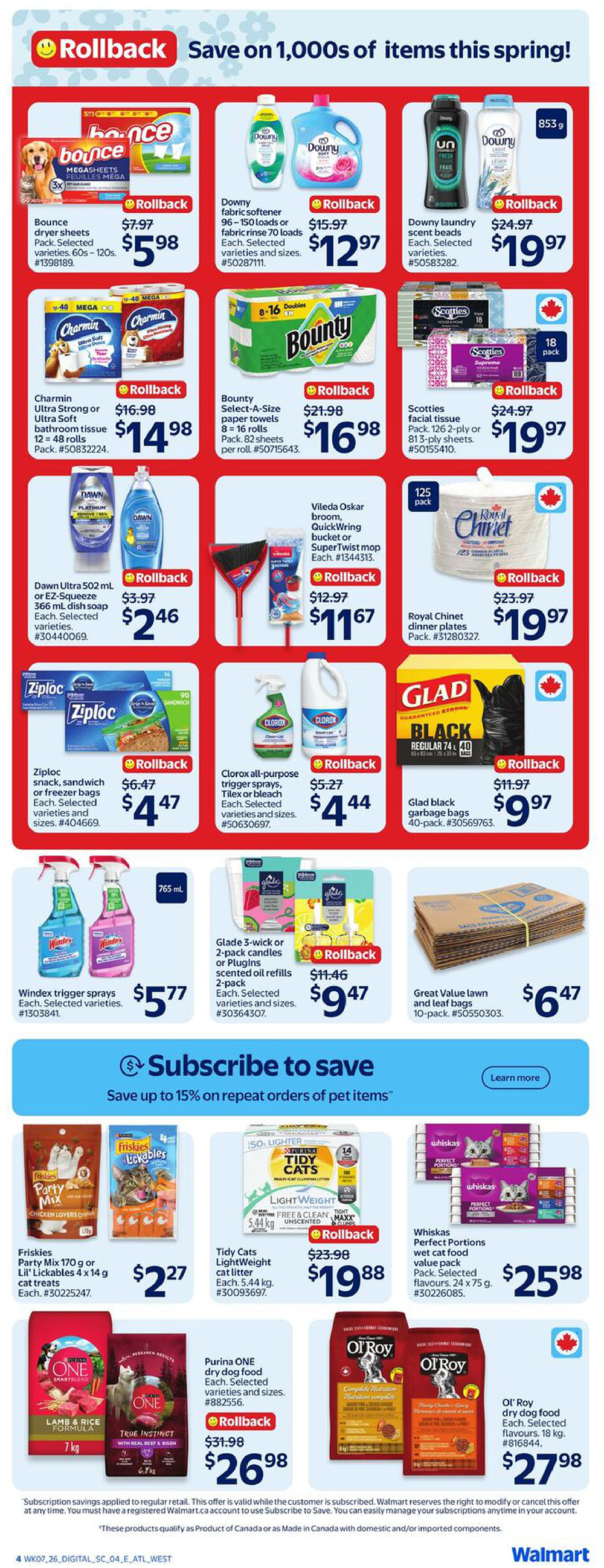 Walmart Canada Atlantic Canada weekly flyer specials page 5. Featuring a variety of household and pet products on sale. Deals include Bounce dryer sheets for $5.98, Downy fabric softener for $12.97, Downy laundry scent beads for $19.97, Charmin Ultra Strong or Ultra Soft bathroom tissue for $14.98, Bounty Select-A-Size paper towels for $16.98, and Scotties facial tissue for $19.97. Also available are Dawn dish soap for $2.46, Vileda Oskar broom or QuickWring bucket for $11.67, Royal Chinet dinner plates for $19.97, Ziploc snack, sandwich, or freezer bags for $4.47, Clorox all-purpose trigger sprays, tile or bleach cleaner for $4.44, Windex trigger sprays for $5.77, Glade 3-wick or 2-pack candles or Plugins scented oil refills for $9.47, and Glad black garbage bags for $9.97. The flyer also promotes a 'Subscribe to Save' offer for pet items, with deals like Friskies Party Mix or Lil' Lickables treats for $2.27, Tidy Cats Lightweight cat litter for $19.88, Whiskas Perfect Portions wet cat food value pack for $25.98, Purina ONE dry dog food for $26.98, and Ol' Roy dry dog food for $27.98.