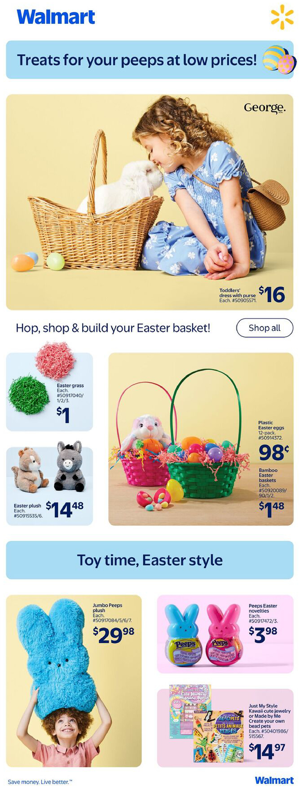 Walmart Canada flyer page 10 featuring Easter treats and toys. A young girl in a blue dress is shown with a basket and a white bunny, with a George toddlers' dress with purse priced at $16. Easter basket fillers include Easter grass for $1 and Easter plush toys for $14.48. Also featured are plastic Easter eggs (12-pack) for $0.98 and bamboo Easter baskets for $14.48. A large blue Jumbo Peeps plush is available for $29.98. Peeps Easter novelties are $3.98 each. Just My Style Kawaii jewelry or Made by Me Create your own bead pets kits are $14.97.