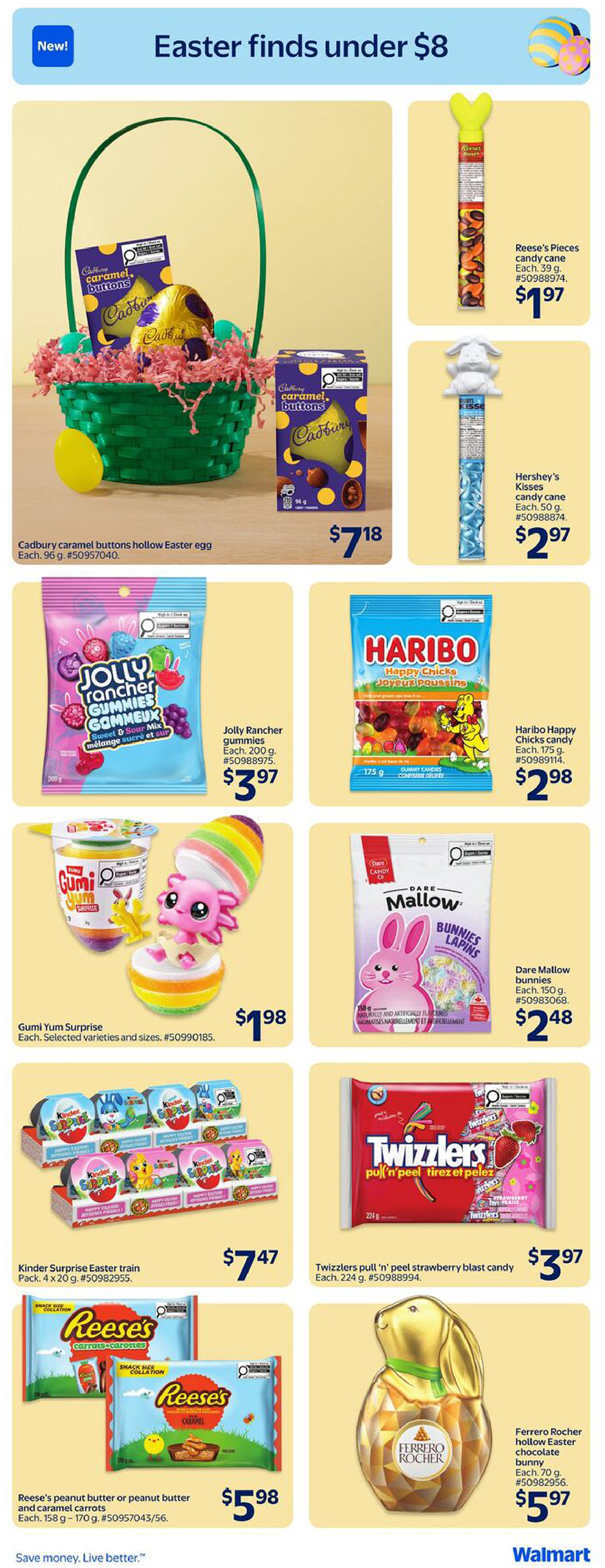 Walmart Canada flyer page featuring Easter treats under $8. Includes Cadbury caramel buttons hollow Easter egg for $7.18, Reese's Pieces candy cane for $1.97, Hershey's Kisses candy cane for $2.97, Jolly Rancher gummies for $3.97, Haribo Happy Chicks gummies for $2.98, Gumi Yum Surprise for $1.98, Dare Mallow bunnies for $2.48, Kinder Surprise Easter train pack for $7.47, Twizzlers pull 'n' peel strawberry blast candy for $3.97, Reese's peanut butter or caramel carrots snack size bags for $5.98, and a Ferrero Rocher hollow Easter chocolate bunny for $5.97.