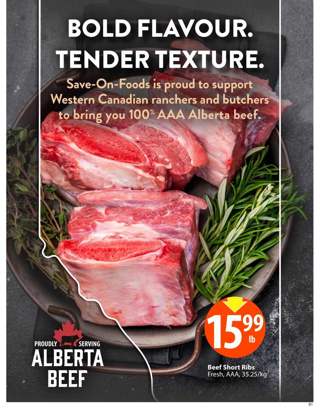 Save-On-Foods flyer page 5 features 'Bold Flavour. Tender Texture.' highlighting 100% AAA Alberta beef, proudly serving Western Canadian ranchers and butchers. The main product featured is Beef Short Ribs, fresh, AAA, priced at $15.99 per lb. The text 'Proudly Serving Alberta Beef' is also prominently displayed.