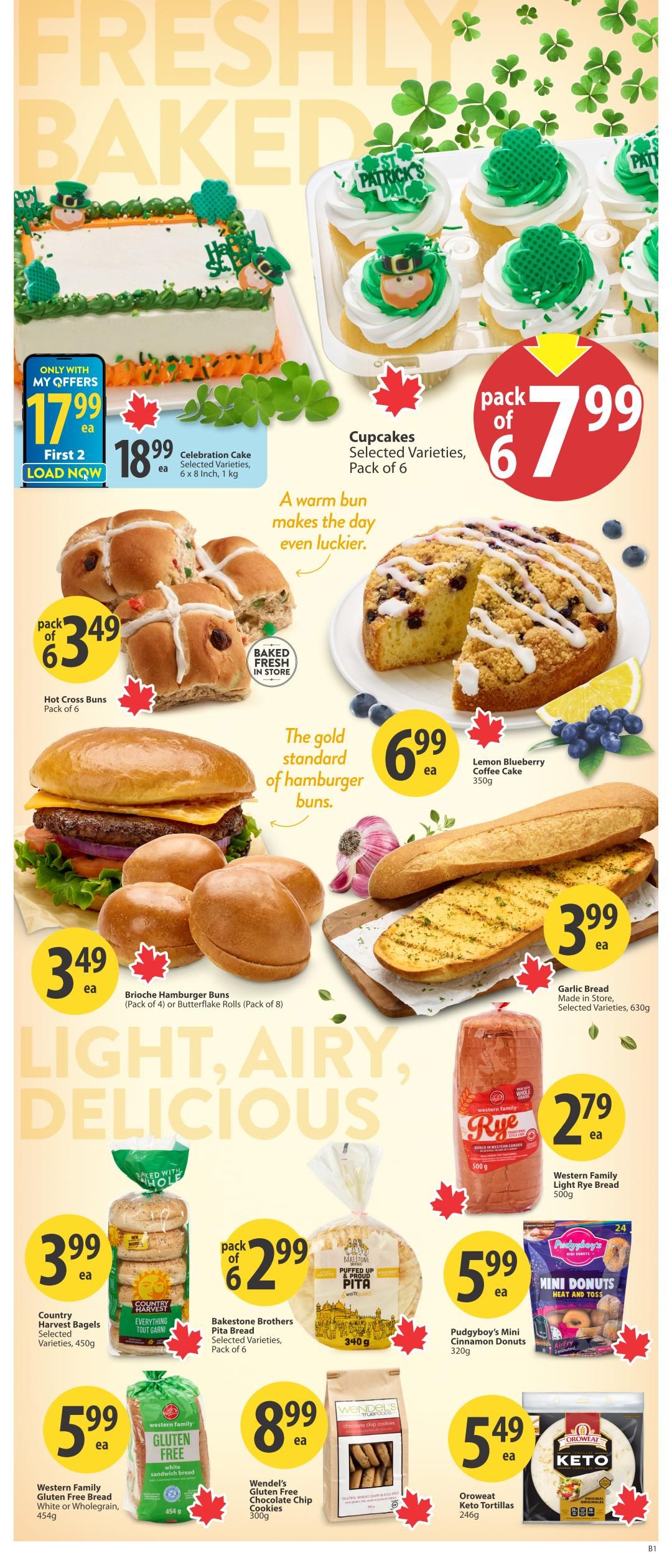 Save-On-Foods weekly flyer specials page 9. Features freshly baked goods including a Celebration Cake for $18.99, St. Patrick's Day themed Cupcakes (Pack of 6) for $7.99, and Hot Cross Buns (Pack of 6) for $3.49. Also available is a Lemon Blueberry Coffee Cake for $6.99. The page highlights hamburger buns, with Brioche Hamburger Buns (Pack of 4) for $3.49 and Garlic Bread Made in Store for $3.99. Lower section showcases Country Harvest Bagels (Selected Varieties, 450g) for $3.99, Bakestone Brothers Pita Bread (Selected Varieties, Pack of 6) for $2.99, Western Family Light Rye Bread (500g) for $2.79, Western Family Gluten Free Bread (White or Wholegrain, 450g) for $5.99, Pudgyboy's Mini Cinnamon Donuts (320g) for $5.99, Wendel's Gluten Free Chocolate Chip Cookies (300g) for $8.99, and Oroweat Keto Tortillas (246g) for $5.49.