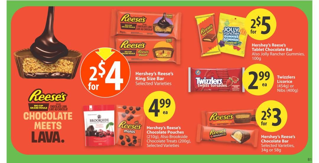 Save-On-Foods weekly flyer specials page 15 features a variety of chocolate and candy deals. Get 2 Reese's King Size Bars for $4. Also available are Hershey's Reese's Chocolate Pouches (210g) and Brookside Chocolate Treats (200g) for $4.99 each. Enjoy 2 Hershey's Reese's Tablet Chocolate Bars or Jolly Rancher Gummies (100g) for $5. Twizzlers Licorice (454g) or Nibs (400g) are on sale for $2.99 each. Additionally, purchase 2 Hershey's Reese's Chocolate Bars (34g or 58g) for $3.