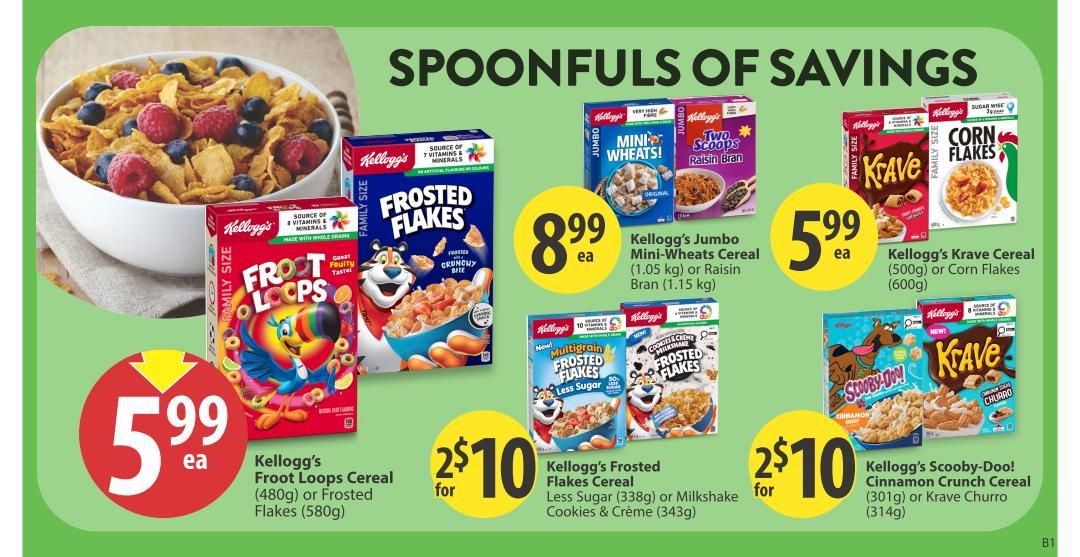 Save-On-Foods weekly flyer specials page 18 features a variety of Kellogg's cereals. Get Kellogg's Froot Loops Cereal (480g) or Frosted Flakes (580g) for $5.99 each. Kellogg's Jumbo Mini-Wheats Cereal (1.05 kg) or Raisin Bran (1.15 kg) is on sale for $8.99 each. Kellogg's Krave Cereal (500g) or Corn Flakes (600g) are available for $5.99 each. Also, find Kellogg's Frosted Flakes Cereal Less Sugar (338g) or Milkshake Cookies & Crème (343g) for 2 for $10. Kellogg's Scooby-Doo! Cinnamon Crunch Cereal (301g) or Krave Churro (314g) is also part of the 2 for $10 deal.
