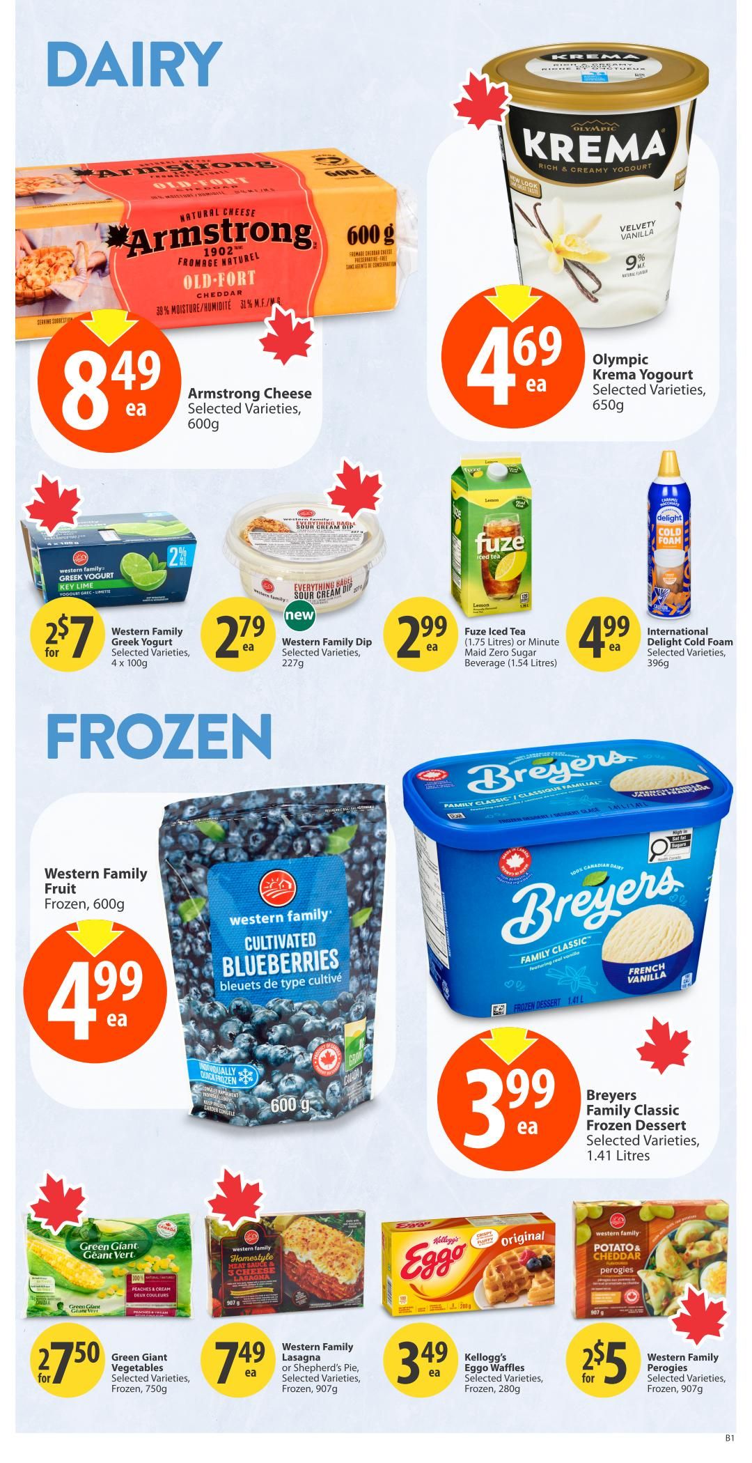 Save-On-Foods weekly flyer specials page 22 features dairy and frozen items. Dairy deals include Armstrong Cheese, 600g for $8.49; Olympic Krema Yogurt, selected varieties, 650g for $4.69; Western Family Greek Yogurt, key lime, 4 x 100g for $7; Western Family Sour Cream Dip, everything bagel flavour, 227g for $2.79; Fuze Iced Tea, 1.75 Litres or Minute Maid Zero Sugar Beverage, 1.54 Litres for $2.99; and International Delight Cold Foam, selected varieties, 396g for $4.99. Frozen section highlights include Western Family Fruit Frozen, 600g for $4.99; Breyers Family Classic Frozen Dessert, selected varieties, 1.41 Litres for $3.99; Green Giant Green Giant Vegetables, selected varieties, frozen, 750g for $27.50 for 2; Western Family Lasagna or Shepherd's Pie, selected varieties, frozen, 907g for $7.49; Kellogg's Eggo Waffles, selected varieties, frozen, 280g for $3.49; and Western Family Perogies, selected varieties, frozen, 907g for $5 for 2.
