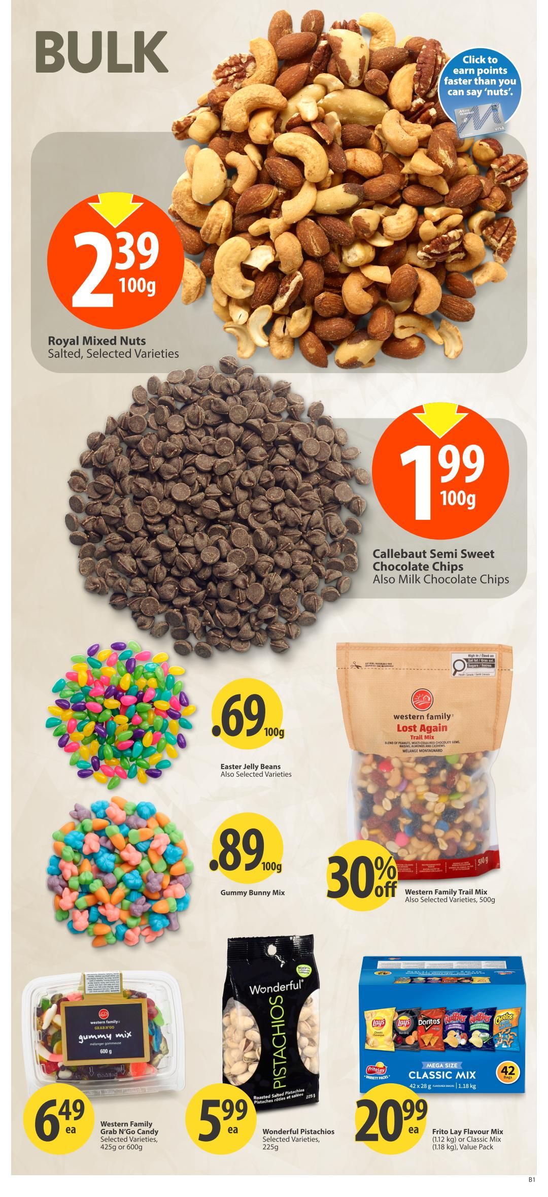 Save-On-Foods weekly flyer specials page 23, featuring bulk items. Royal Mixed Nuts, salted and selected varieties, are $2.39 per 100g. Callebaut Semi Sweet Chocolate Chips and Milk Chocolate Chips are $1.99 per 100g. Easter Jelly Beans, also selected varieties, are $0.69 per 100g. Gummy Bunny Mix is $0.89 per 100g. Western Family Grab 'N' Go Candy, in selected varieties (425g or 600g), is $6.49 each. Wonderful Pistachios, selected varieties (225g), are $5.99 each. Western Family Lost Again Trail Mix (500g) is 30% off, also selected varieties. Frito Lay Flavour Mix (1.12 kg) or Classic Mix (1.18 kg) value pack is $20.99 each, containing 42 bags.