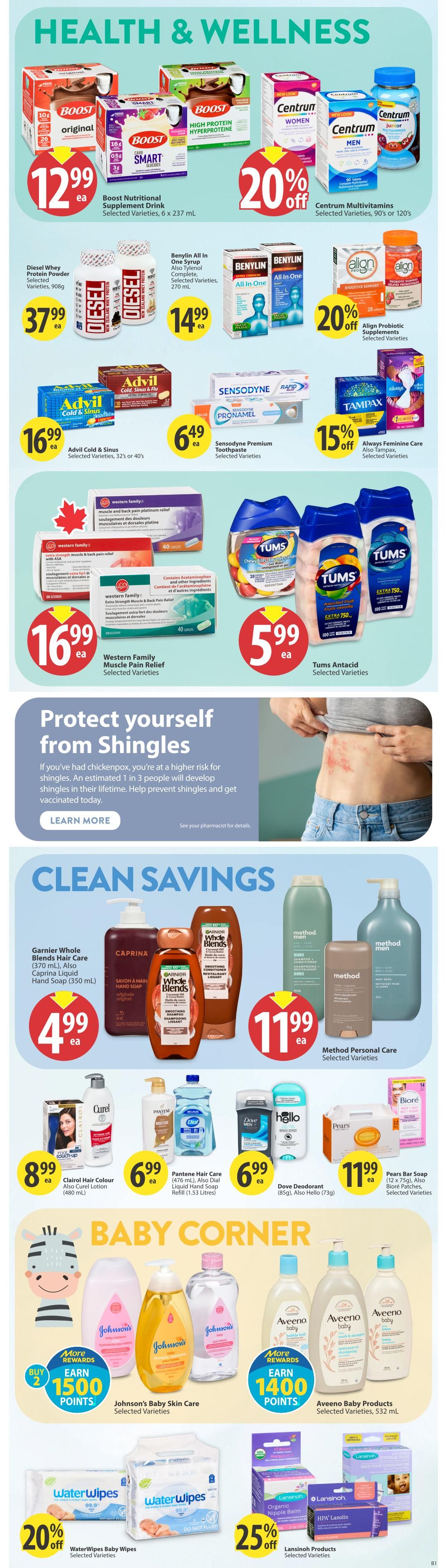 Save-On-Foods weekly flyer specials page 25 features Health & Wellness products including Boost Nutritional Supplement Drink for $12.99, Centrum Multivitamins for selected varieties, Diesel Whey Protein Powder for $37.99, Benylin All In One Syrup for $14.99, Advil Cold & Sinus for $16.99, Sensodyne Premium Toothpaste for $6.49, and Tums Antacid for $5.99. Also featured are Western Family Muscle Pain Relief for $16.99, Align Probiotic Supplements with 20% off, and Always Feminine Care with 15% off Tampax. The Clean Savings section includes Garnier Whole Blends Hair Care and Caprina Liquid Hand Soap for $4.99, and Method Personal Care for $11.99. Other deals include Clairol Hair Colour for $8.99, Pantene Hair Care and Dial Liquid Hand Soap Refill for $6.99, Dove Deodorant for $6.99, and Pears Bar Soap for $11.99. The Baby Corner offers Johnson's Baby Skin Care with a buy 2 earn 1500 points offer, and Aveeno Baby Products with a buy 2 earn 1400 points offer. WaterWipes Baby Wipes are 20% off, and Lansinoh Products are 25% off.