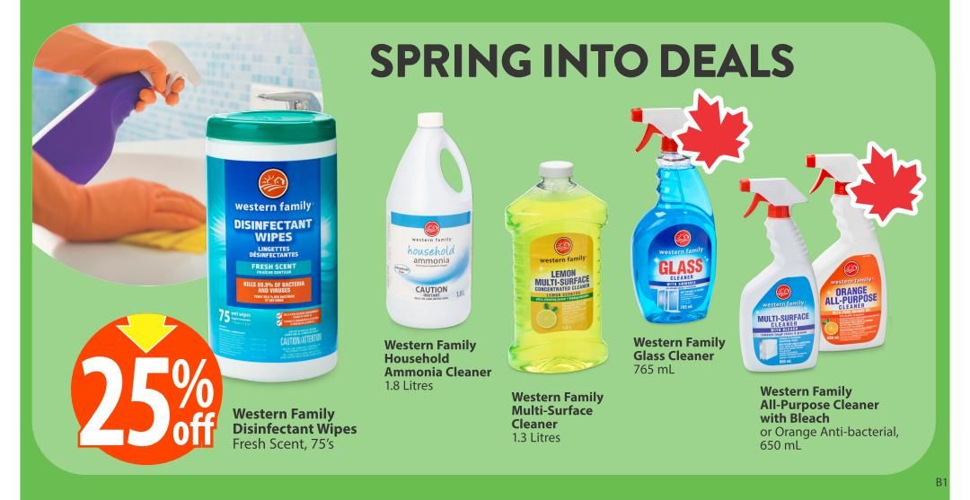 Save-On-Foods weekly flyer specials page 28 features 'Spring Into Deals' on cleaning supplies. Get 25% off Western Family Disinfectant Wipes in Fresh Scent, 75's. Also available are Western Family Household Ammonia Cleaner, 1.8 Litres; Western Family Lemon Multi-Surface Cleaner, 1.3 Litres; Western Family Glass Cleaner, 765 mL; and Western Family All-Purpose Cleaner with Bleach or Orange Anti-bacterial, 650 mL.