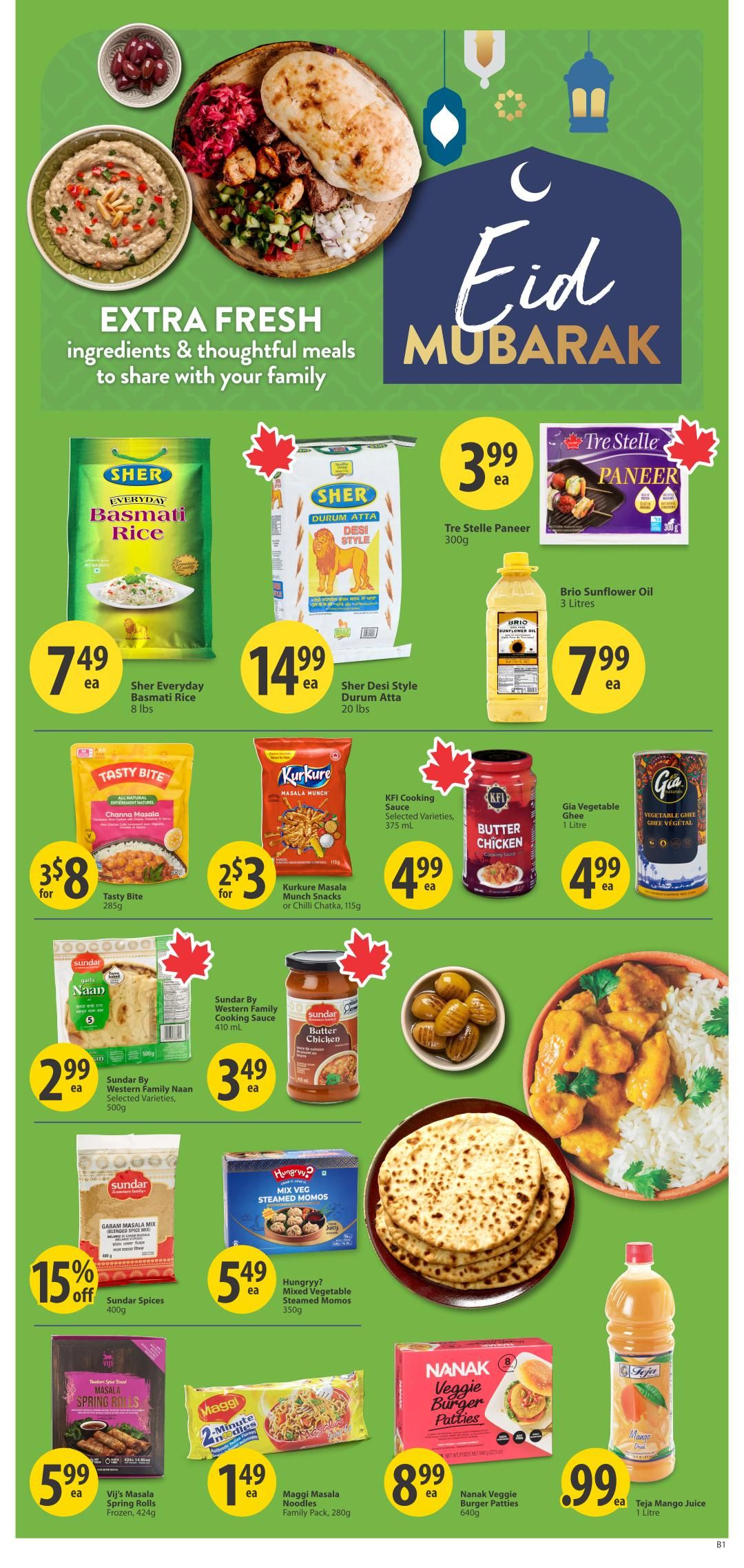 Save-On-Foods weekly flyer specials page 34, featuring Eid Mubarak themed food items. Offers include Sher Everyday Basmati Rice 8 lbs for $7.49, Sher Desi Style Durum Atta 20 lbs for $14.99, Tre Stelle Paneer 300g for $3.99, and Brio Sunflower Oil 3 Litres for $7.99. Also featured are Tasty Bite Channa Masala for 3 for $8, Kurkure Masala Munch Snacks or Chilli Chatka 115g for 2 for $3, KFI Cooking Sauce Selected Varieties 375 mL for $4.99, and Gia Vegetable Ghee 1 Litre for $4.99. Sundar By Western Family Naan Selected Varieties 500g is $2.99, Sundar Butter Chicken Cooking Sauce 410 mL is $3.49, and Sundar Spices Garam Masala Mix 400g is 15% off. Hungryy? Mixed Vegetable Steamed Momos 350g are $5.49. Vij's Masala Spring Rolls Frozen 424g are $5.99, Maggi Masala Noodles Family Pack 280g are $1.49, and Nanak Veggie Burger Patties 640g are $8.99. Teja Mango Juice 1 Litre is $0.99.