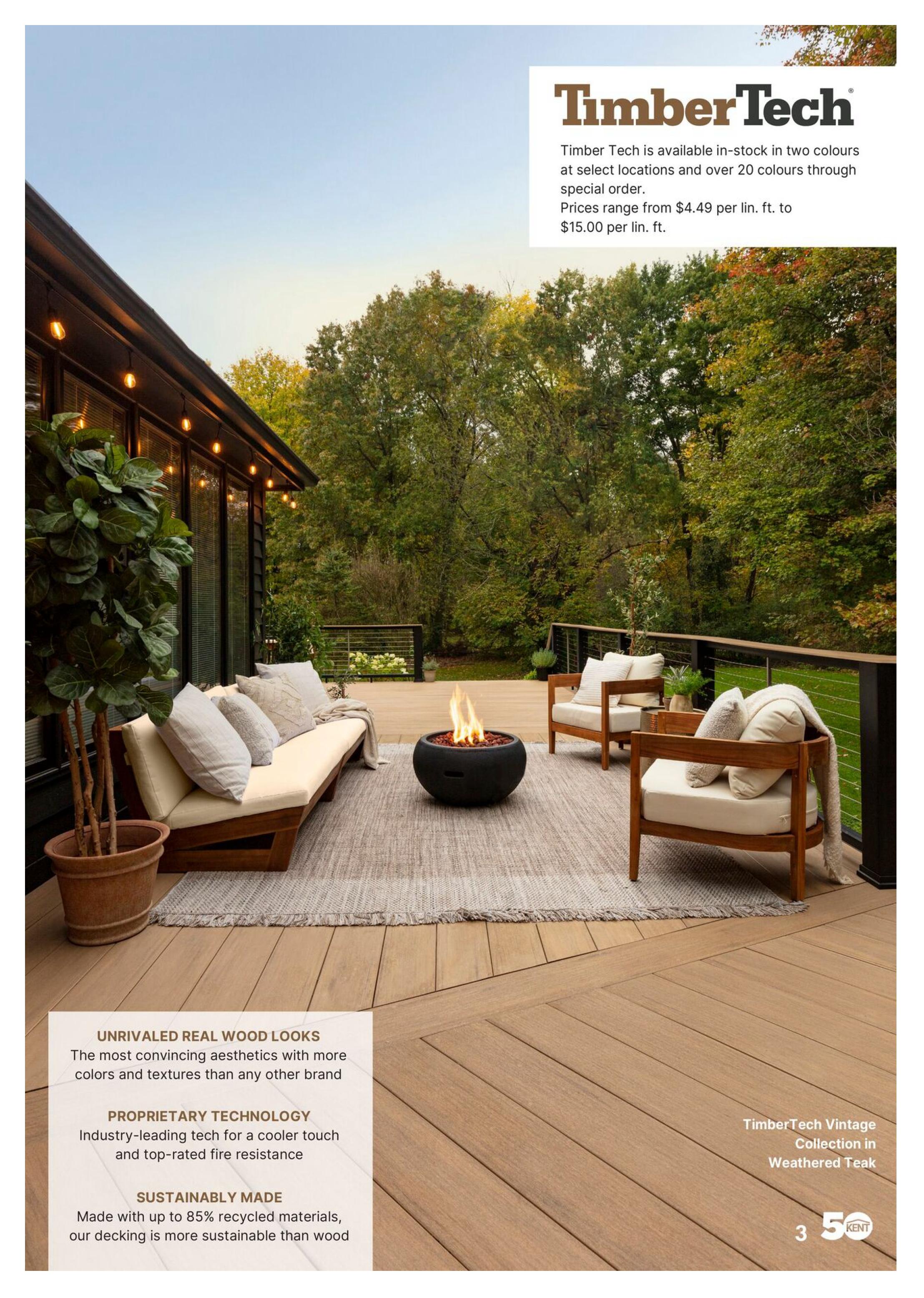 Page 3 of the kent Outdoor Look Book flyer featuring TimberTech decking. The page showcases a stylish outdoor living space with TimberTech Vintage Collection in Weathered Teak decking, complemented by modern outdoor furniture including a sofa and two chairs around a fire pit. Text highlights TimberTech's 'Unrivaled Real Wood Looks' with more colours and textures than other brands, 'Proprietary Technology' offering a cooler touch and fire resistance, and 'Sustainably Made' with up to 85% recycled materials. TimberTech is available in-stock in two colours at select locations and over 20 colours through special order, with prices ranging from $4.49 per lin. ft. to $15.00 per lin. ft.