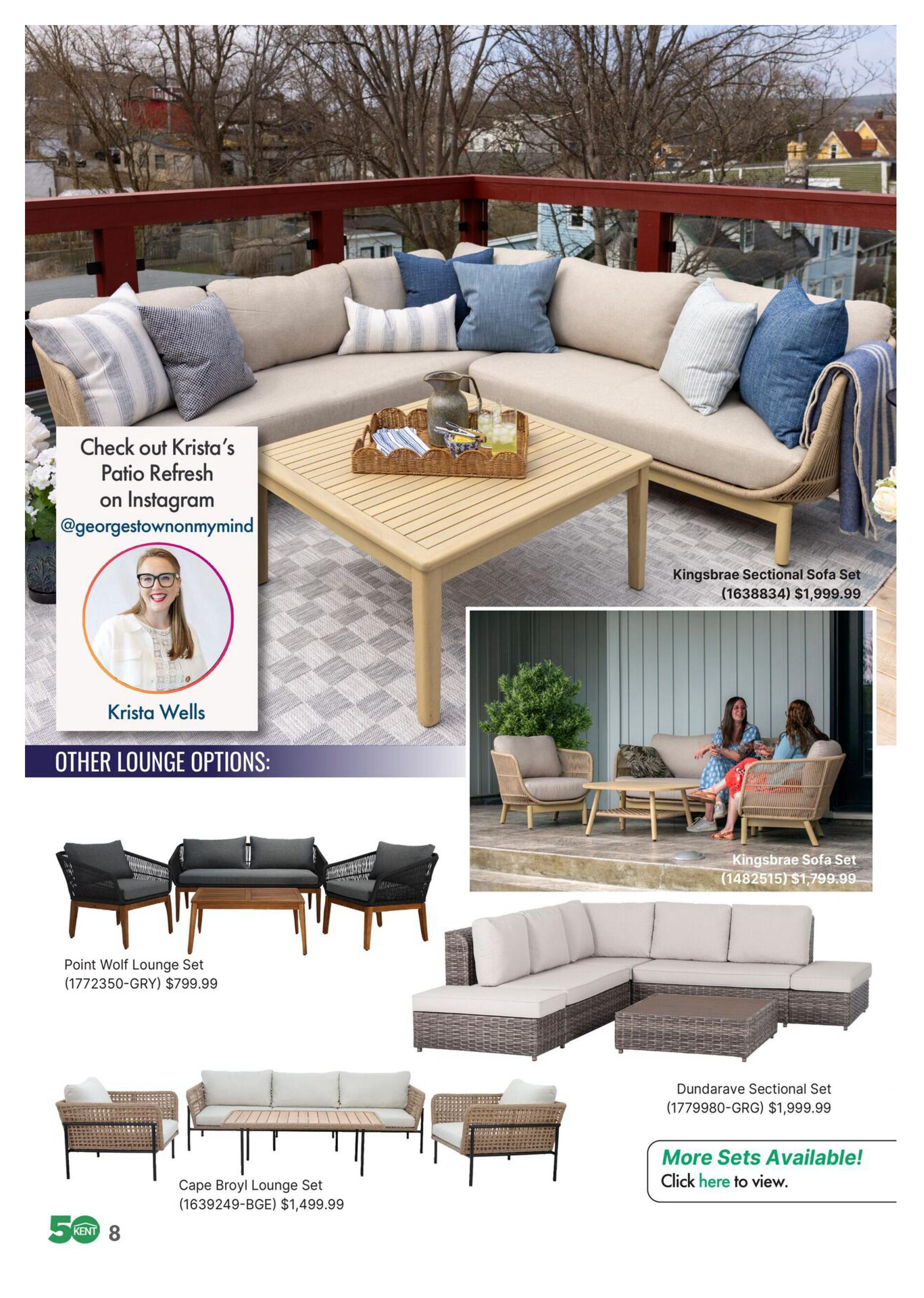 Page 8 of the kent Outdoor Look Book flyer featuring patio lounge sets. The page highlights Krista's Patio Refresh on Instagram @georgetownnonmymind, with a photo of Krista Wells. Featured lounge options include the Kingsbrae Sectional Sofa Set for $1,999.99, the Kingsbrae Sofa Set for $1,799.99, the Point Wolf Lounge Set (1772350-GRY) for $799.99, the Cape Broyl Lounge Set (1639249-BGE) for $1,499.99, and the Dundarave Sectional Set (1779980-GRG) for $1,999.99. A call to action invites users to view 'More Sets Available!' by clicking here.