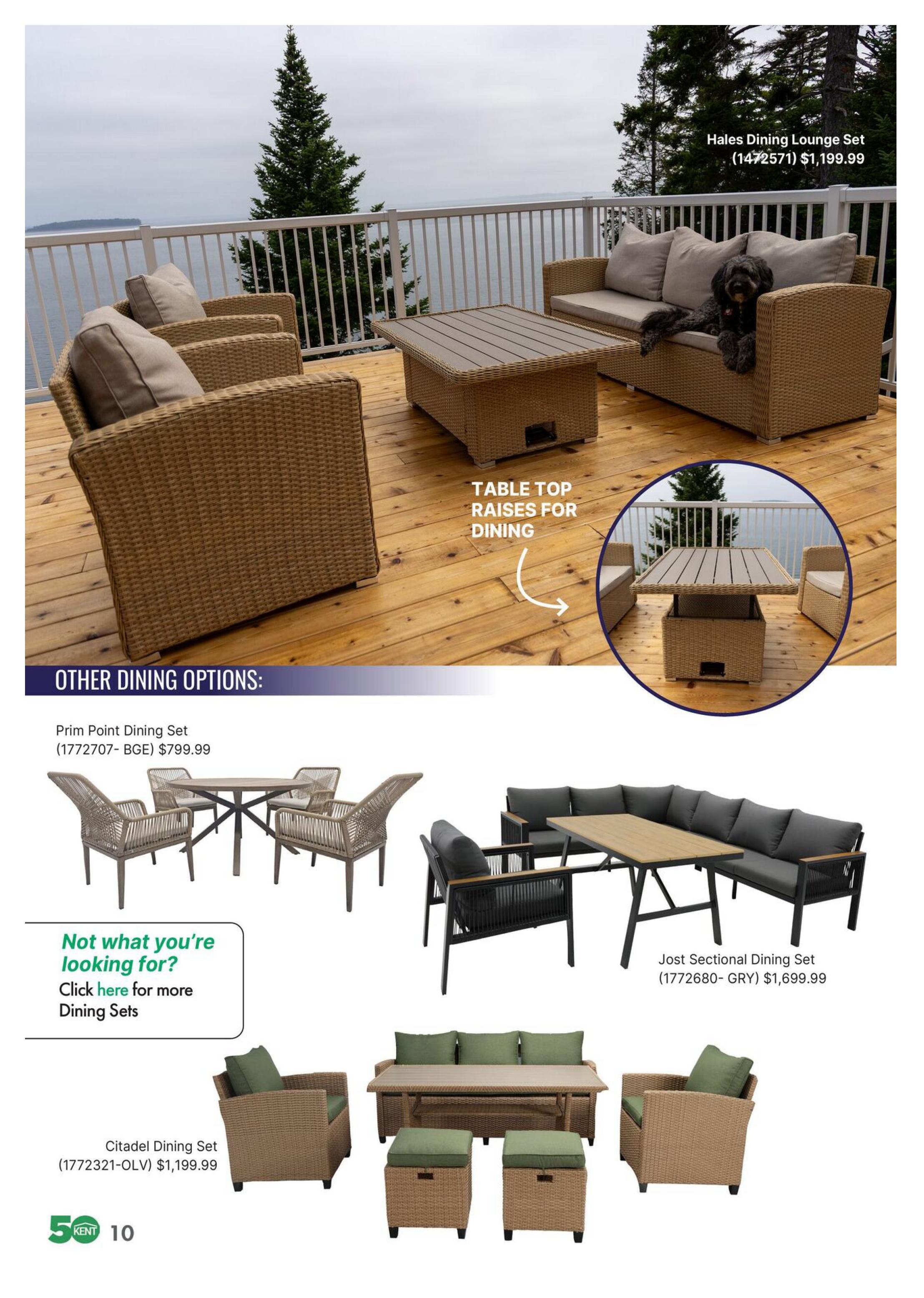 Page 10 of the kent Outdoor Look Book flyer features various outdoor dining sets. The top of the page showcases the Hales Dining Lounge Set for $1,199.99, with a coffee table that has a tabletop that raises for dining. Below, under 'Other Dining Options', is the Prim Point Dining Set for $799.99. To the right, the Jost Sectional Dining Set is priced at $1,699.99. Further down, the Citadel Dining Set is available for $1,199.99. A section prompts users to 'Click here for more Dining Sets'.