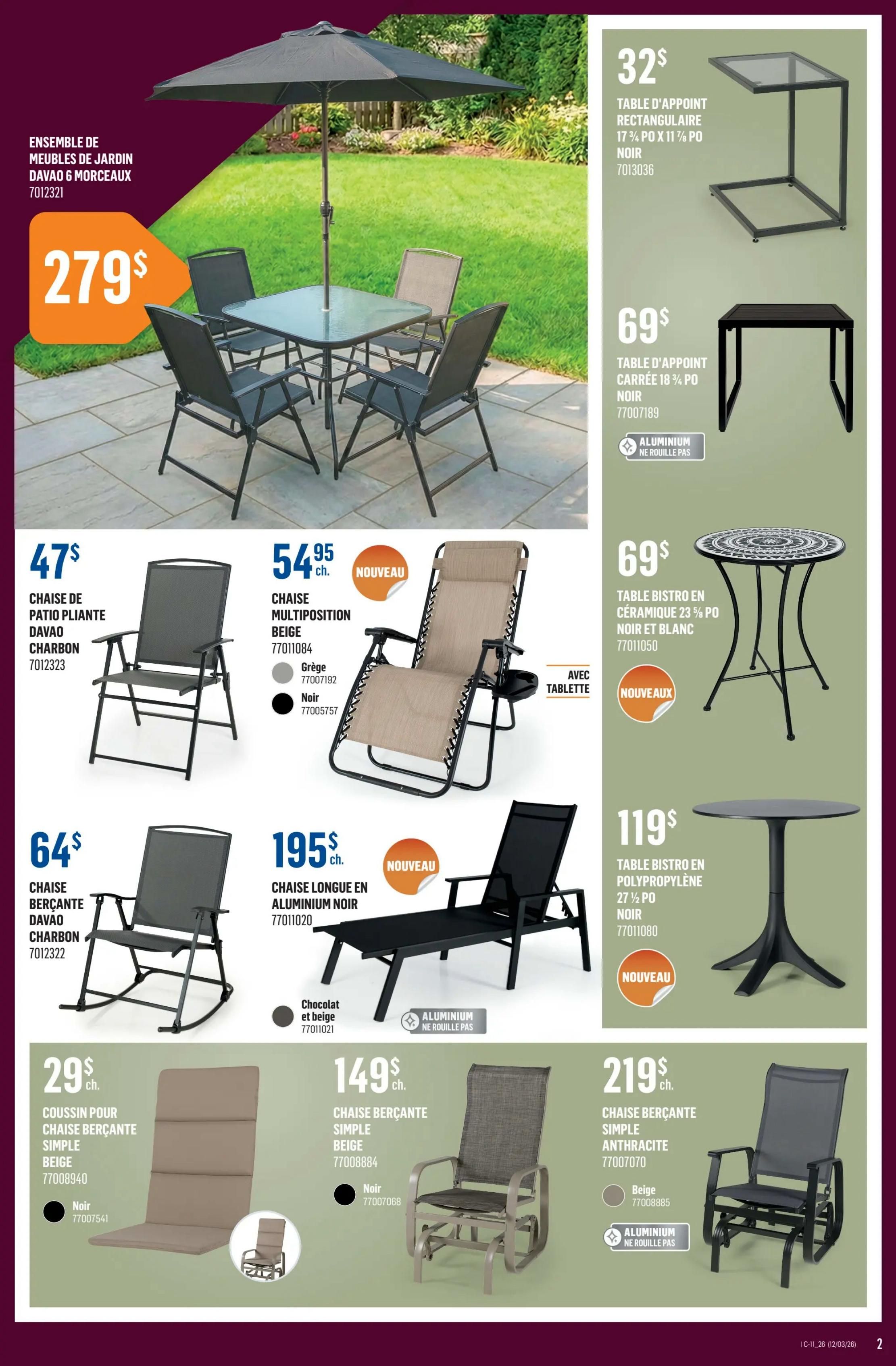 Canac weekly flyer specials page 2 features outdoor furniture. A 6-piece patio furniture set with a table and four chairs is on sale for $279. Individual furniture pieces include a charcoal patio folding chair for $47, a charcoal rocking chair for $64, and a beige cushion for $29. Other seating options are a beige multiposition chair for $54.95, a new black aluminum lounge chair for $195, a beige simple glider chair for $149, and a simple anthracite glider chair for $219. Side tables are also available: a rectangular end table for $32, a square end table made of aluminum for $69, a new black and white ceramic bistro table for $69, and a new black polypropylene bistro table for $119.