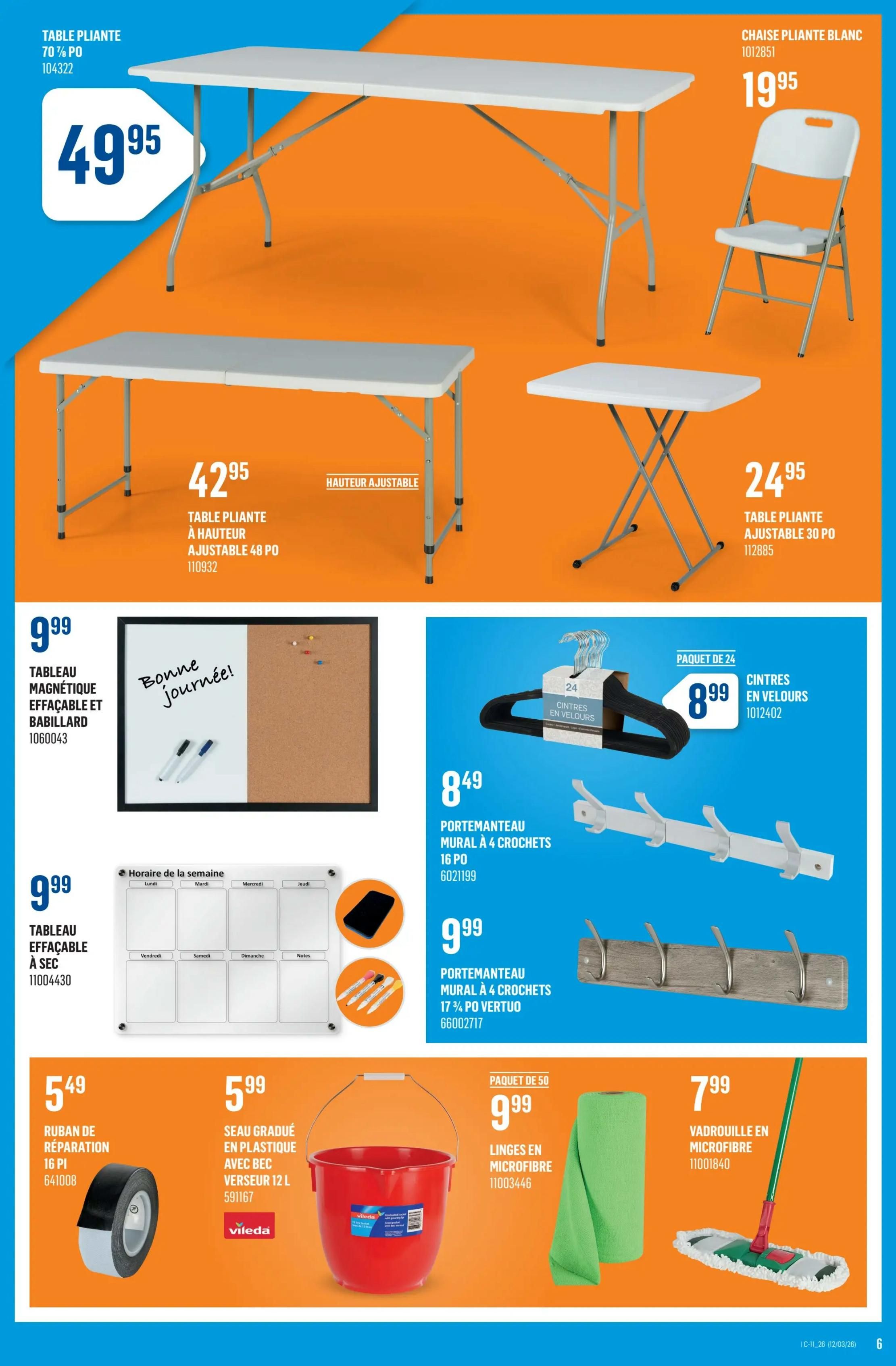 Canac weekly flyer specials page 6 features various home and organization items. Top section displays folding tables and chairs: a 70-inch folding table for $49.95, an adjustable height folding table for $42.95, a 30-inch folding table for $24.95, and a white folding chair for $19.95. The middle section includes a magnetic dry-erase bulletin board for $9.99, a 16-hook wall-mounted coat rack for $8.49, and a 4-hook wall-mounted coat rack for $9.99. Also featured are 24 black velvet hangers for $8.99. The bottom section offers a 16-piece repair tape for $5.49, a 12-litre Vileda measuring bucket for $5.99, a 50-pack of microfiber cloths for $9.99, and a microfiber mop for $7.99.
