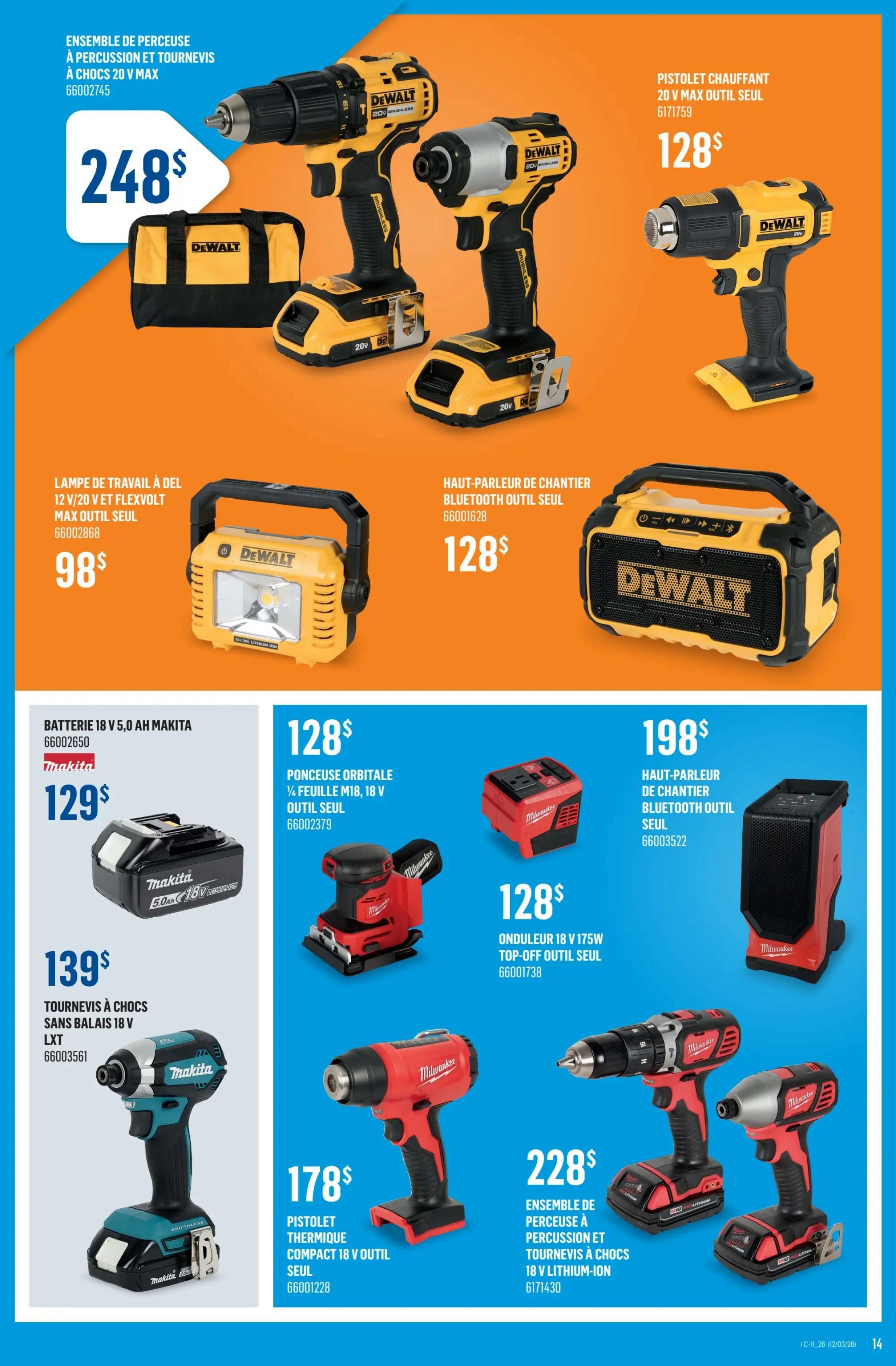 Canac weekly flyer specials page 14 features a variety of power tools and accessories. Top section includes a DeWalt 20V MAX percussion and impact driver combo kit for $248, a DeWalt 20V MAX heat gun for $128, a DeWalt LED work light for $98, and a DeWalt jobsite Bluetooth speaker for $128. Middle section showcases a Makita 18V 5.0 Ah battery for $129, a Makita 18V LXT cordless impact driver for $139, a Milwaukee 1/4' M18 orbital sander for $128, and a Milwaukee 18V 175W top-off tool for $128. Bottom section highlights a Milwaukee compact 18V heat gun for $178, and a Milwaukee 18V lithium-ion percussion and impact driver combo kit for $228.