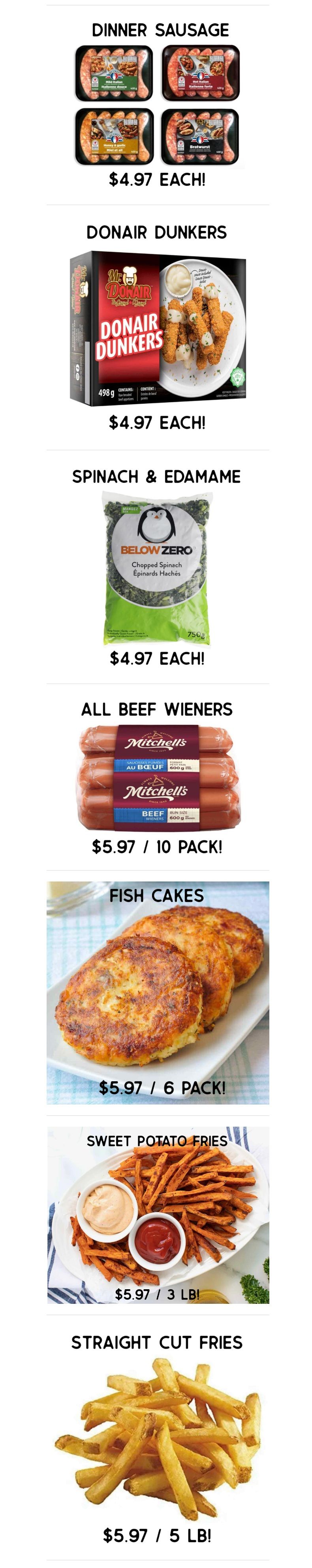 Gateway Meat Market weekly flyer specials page 5 features Dinner Sausage for $4.97 each, Donair Dunkers for $4.97 each, Below Zero Chopped Spinach & Edamame for $4.97 each, Mitchell's All Beef Wieners 10 pack for $5.97, Fish Cakes 6 pack for $5.97, Sweet Potato Fries 3 lb for $5.97, and Straight Cut Fries 5 lb for $5.97.