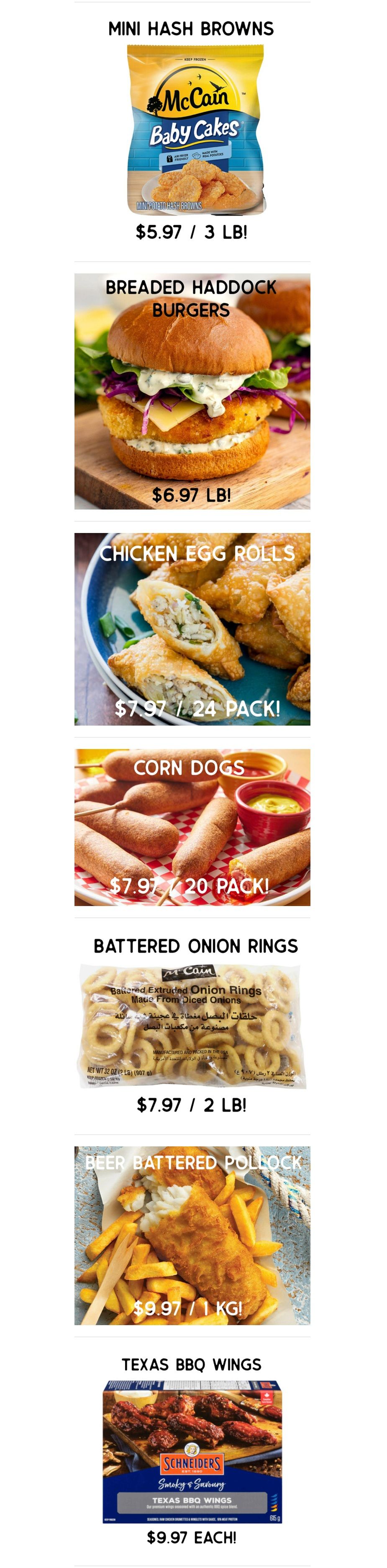 Gateway Meat Market weekly flyer specials page 6 features McCain Mini Hash Browns for $5.97 per 3 lb bag, Breaded Haddock Burgers for $6.97 per lb, Chicken Egg Rolls for $7.97 per 24 pack, Corn Dogs for $7.97 per 20 pack, Battered Onion Rings for $7.97 per 2 lb bag, Beer Battered Pollock for $9.97 per 1 kg, and Schneiders Texas BBQ Wings for $9.97 each.