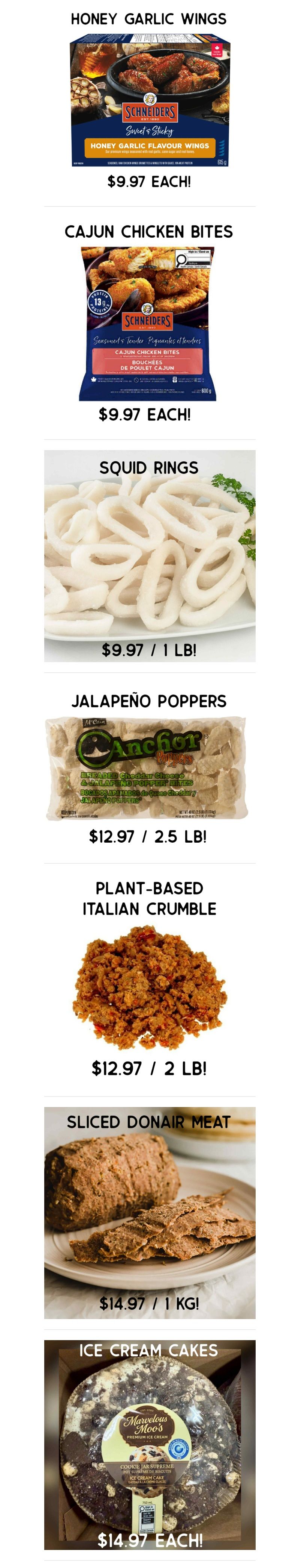 Gateway Meat Market weekly flyer specials page 7 features Schriders Honey Garlic Flavour Wings for $9.97 each and Schriders Seasoned & Tender Cajun Chicken Bites for $9.97 each. Also available are Squid Rings for $9.97 per pound, Anchor Jalapeño Poppers (breaded cheddar cheese and jalapeño poppers) for $12.97 per 2.5 lbs, Plant-Based Italian Crumble for $12.97 per 2 lbs, and Sliced Donair Meat for $14.97 per 1 kg. Finally, Marvelous Moo's Cookie Jar Supreme Ice Cream Cake is available for $14.97 each.