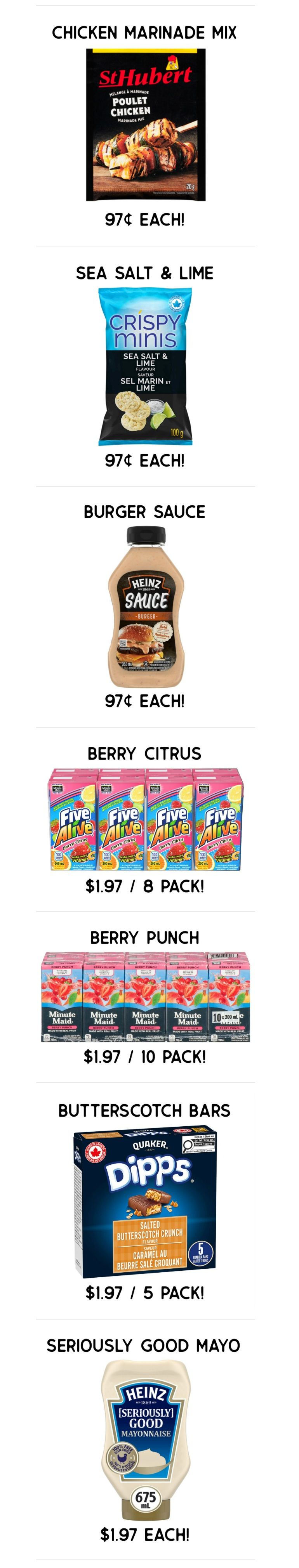 Gateway Meat Market weekly flyer specials page 9 includes St Hubert Chicken Marinade Mix for $0.97 each, Crispy Minis Sea Salt & Lime chips for $0.97 each, Heinz Burger Sauce for $0.97 each, Five Alive Berry Citrus juice boxes 8 pack for $1.97, Minute Maid Berry Punch juice boxes 10 pack for $1.97, Quaker Dipps Salted Butterscotch Crunch bars 5 pack for $1.97, and Heinz Seriously Good Mayonnaise 675 mL for $1.97 each.