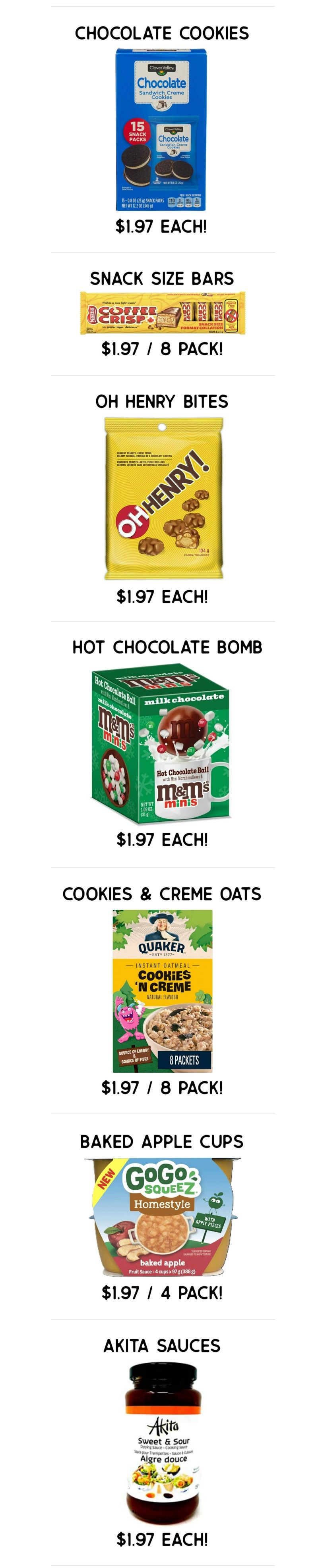 Gateway Meat Market weekly flyer specials page 10 features various food items. Chocolate Sandwich Creme Cookies are $1.97 each. Coffee Crisp Snack Size Bars (8 pack) are $1.97. Oh Henry Bites are $1.97 each. M&M's Minis Milk Chocolate Hot Chocolate Bomb is $1.97 each. Quaker Instant Oatmeal Cookies 'n Creme (8 packets) are $1.97 per pack. GoGo Squeez Homestyle Baked Apple Fruit Sauce cups (4 pack) are $1.97 per pack. Akita Sweet & Sour Dipping Sauce/Cooking Sauce is $1.97 each.