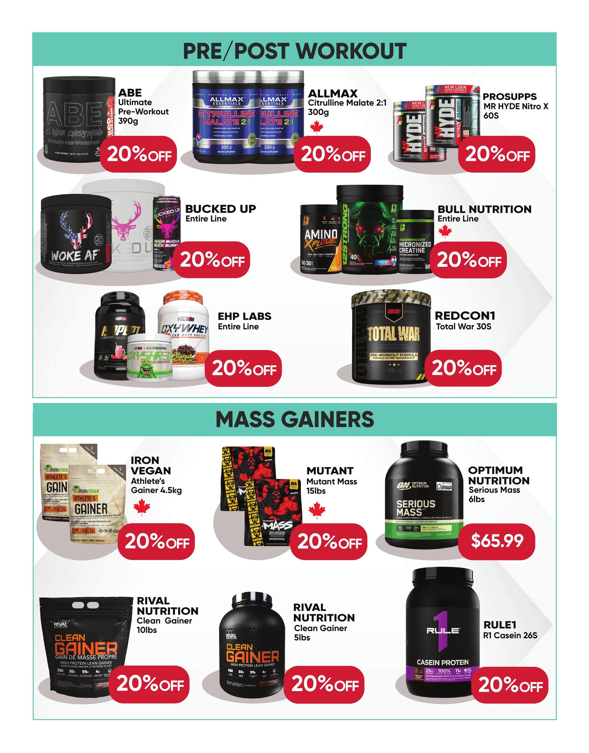 Healthy Planet monthly savings flyer, page 3. Featuring Pre/Post Workout supplements including ABE Ultimate Pre-Workout 390g at 20% off, ALLMAX Citrulline Malate 2:1 300g at 20% off, PROSUPPS MR HYDE Nitro X 60s at 20% off, BUCKED UP Entire Line at 20% off, EHP LABS Entire Line at 20% off, and REDCON1 Total War 30s at 20% off. Also includes BULL NUTRITION Entire Line at 20% off. The Mass Gainers section features IRON VEGAN Athlete's Gainer 4.5kg at 20% off, MUTANT Mutant Mass 15lbs at 20% off, OPTIMUM NUTRITION Serious Mass 6lbs for $65.99, RIVAL NUTRITION Clean Gainer 10lbs at 20% off, RIVAL NUTRITION Clean Gainer 5lbs at 20% off, and RULE1 R1 Casein 26s at 20% off.