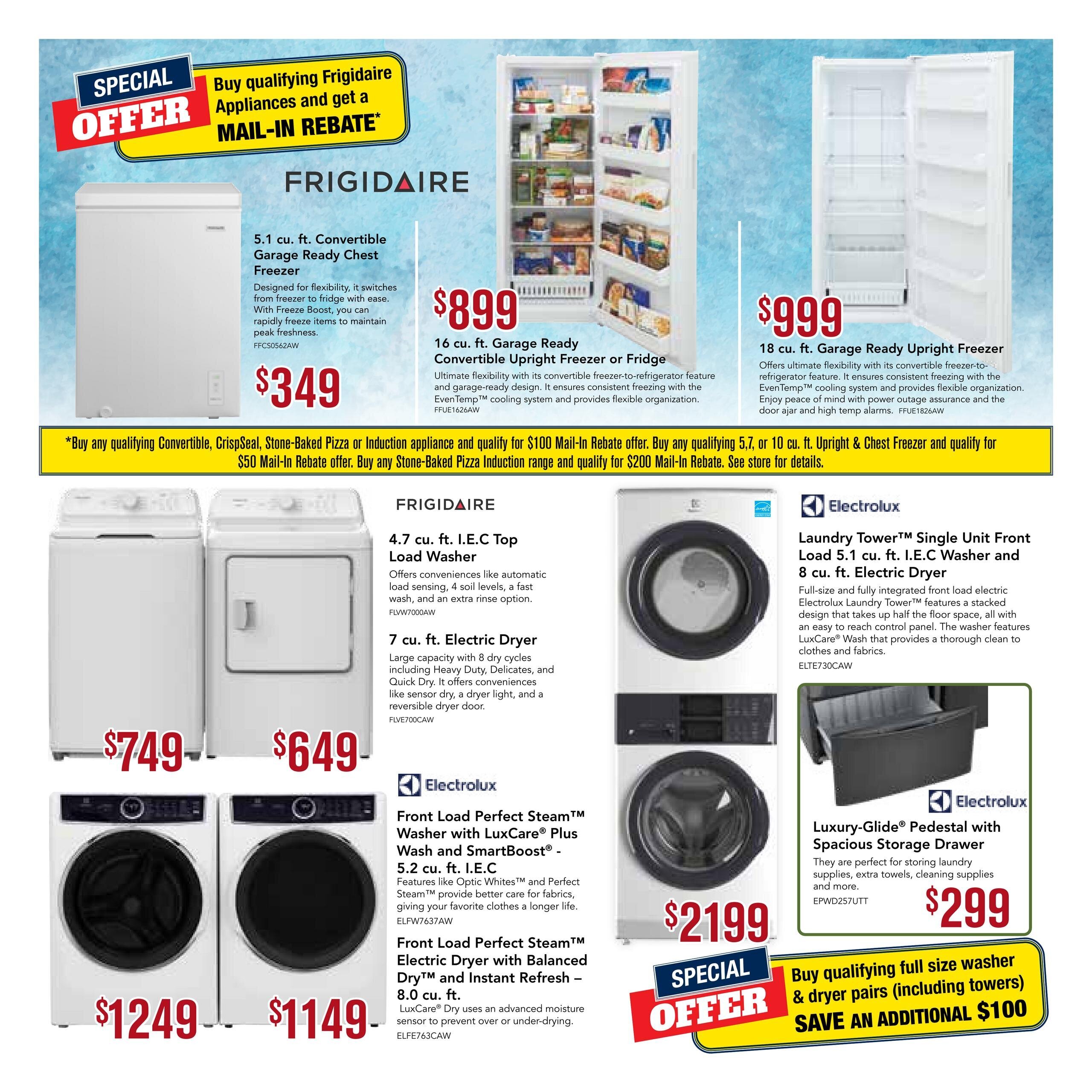 Ray James Appliances flyer page 3 features a special offer for qualifying Frigidaire appliances with a mail-in rebate. Featured are a 5.1 cu. ft. Convertible Garage Ready Chest Freezer for $349, a 16 cu. ft. Garage Ready Convertible Upright Freezer or Fridge for $899, and an 18 cu. ft. Garage Ready Upright Freezer for $999. Below, Frigidaire offers a 4.7 cu. ft. I.E.C Top Load Washer for $749 and a 7 cu. ft. Electric Dryer for $649. Also shown are Electrolux appliances: a Laundry Tower Single Unit Front Load 5.1 cu. ft. I.E.C Washer and 8 cu. ft. Electric Dryer for $2199, and a Luxury-Glide Pedestal with Spacious Storage Drawer for $299. A special offer provides an additional $100 savings when buying qualifying full-size washer and dryer pairs, including towers.