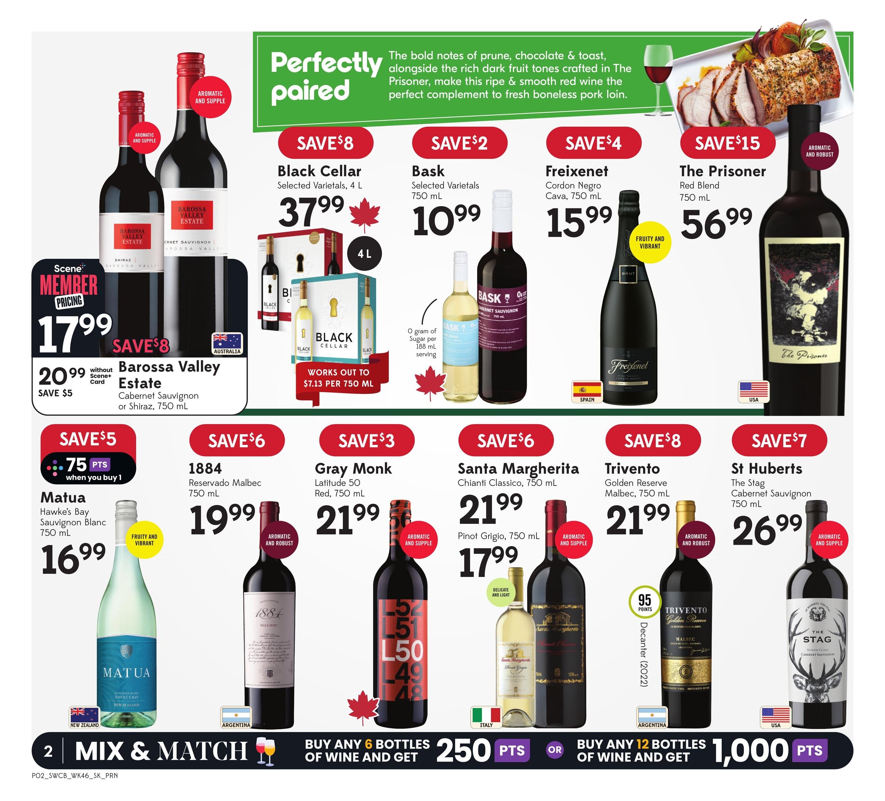 Sobeys Liquor weekly flyer specials page 2. Features a 'Perfectly Paired' section with a description of wine and pork loin pairing. Offers include: Black Cellar Selected Varietals 4L for $37.99 (Save $8), Bask Selected Varietals 750 mL for $10.99 (Save $2), Freixenet Cordon Negro Cava 750 mL for $15.99 (Save $4), and The Prisoner Red Blend 750 mL for $56.99 (Save $15). Also features Barossa Valley Estate Cabernet Sauvignon or Shiraz 750 mL for $17.99 with Scene+ Member Pricing (Save $5, regular price $20.99). Other wine specials: Matua Hawke's Bay Sauvignon Blanc 750 mL for $16.99 (Save $5, when you buy 1 with 75 points), 1884 Reservado Malbec 750 mL for $19.99 (Save $6), Gray Monk Latitude 50 Red 750 mL for $21.99 (Save $3), Santa Margherita Chianti Classico 750 mL for $21.99 and Pinot Grigio 750 mL for $17.99 (Save $6), Trivento Golden Reserve Malbec 750 mL for $21.99 (Save $8), and St Huberts The Stag Cabernet Sauvignon 750 mL for $26.99 (Save $7). The bottom of the page highlights a Mix & Match offer: Buy any 6 bottles of wine and get 250 points, or buy any 12 bottles and get 1,000 points.