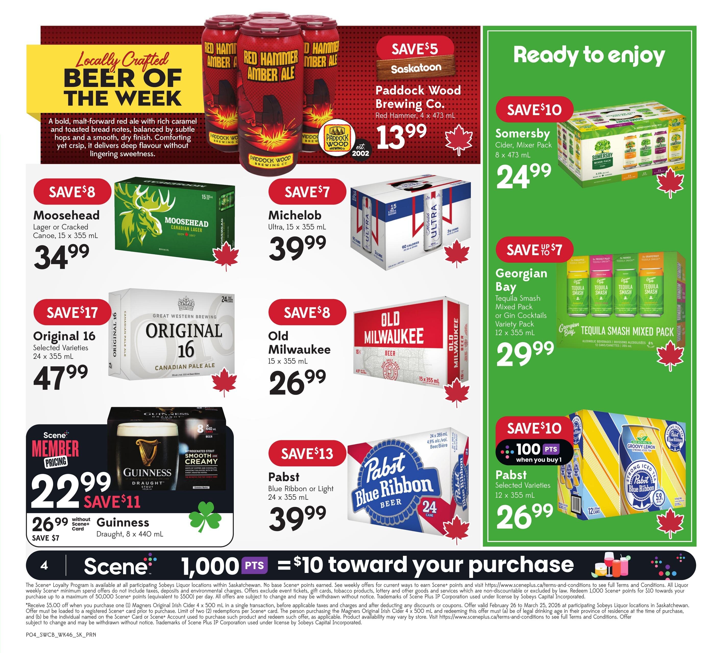 Sobeys Liquor flyer page 5 features 'Locally Crafted Beer of the Week' with Paddock Wood Brewing Co. Red Hammer Amber Ale, 4 x 473 mL for $13.99. Featured drinks include Moosehead Lager or Cracked Canoe, 15 x 355 mL for $34.99; Michelob Ultra, 15 x 355 mL for $39.99; Original 16 Canadian Pale Ale, 24 x 355 mL for $47.99; and Old Milwaukee, 15 x 355 mL for $26.99. Save $10 on Somersby Cider Mixer Pack, 8 x 473 mL for $24.99. Georgian Bay Tequila Smash Mixed Pack or Gin Cocktails Variety Pack, 12 x 355 mL is on sale for $29.99, save up to $7. Pabst Blue Ribbon or Light, 24 x 355 mL is $39.99, save $13. Scene+ Member Pricing offers Guinness Draught, 8 x 440 mL for $22.99, save $11 (regular price $26.99, save $7 without Scene+ card). Also, buy 1 Pabst Blue Ribbon Selected Varieties, 12 x 355 mL for $26.99 and get 100 Scene+ points, which is equivalent to $10 toward your purchase. The bottom of the page details Scene+ Loyalty Program offers and conditions.
