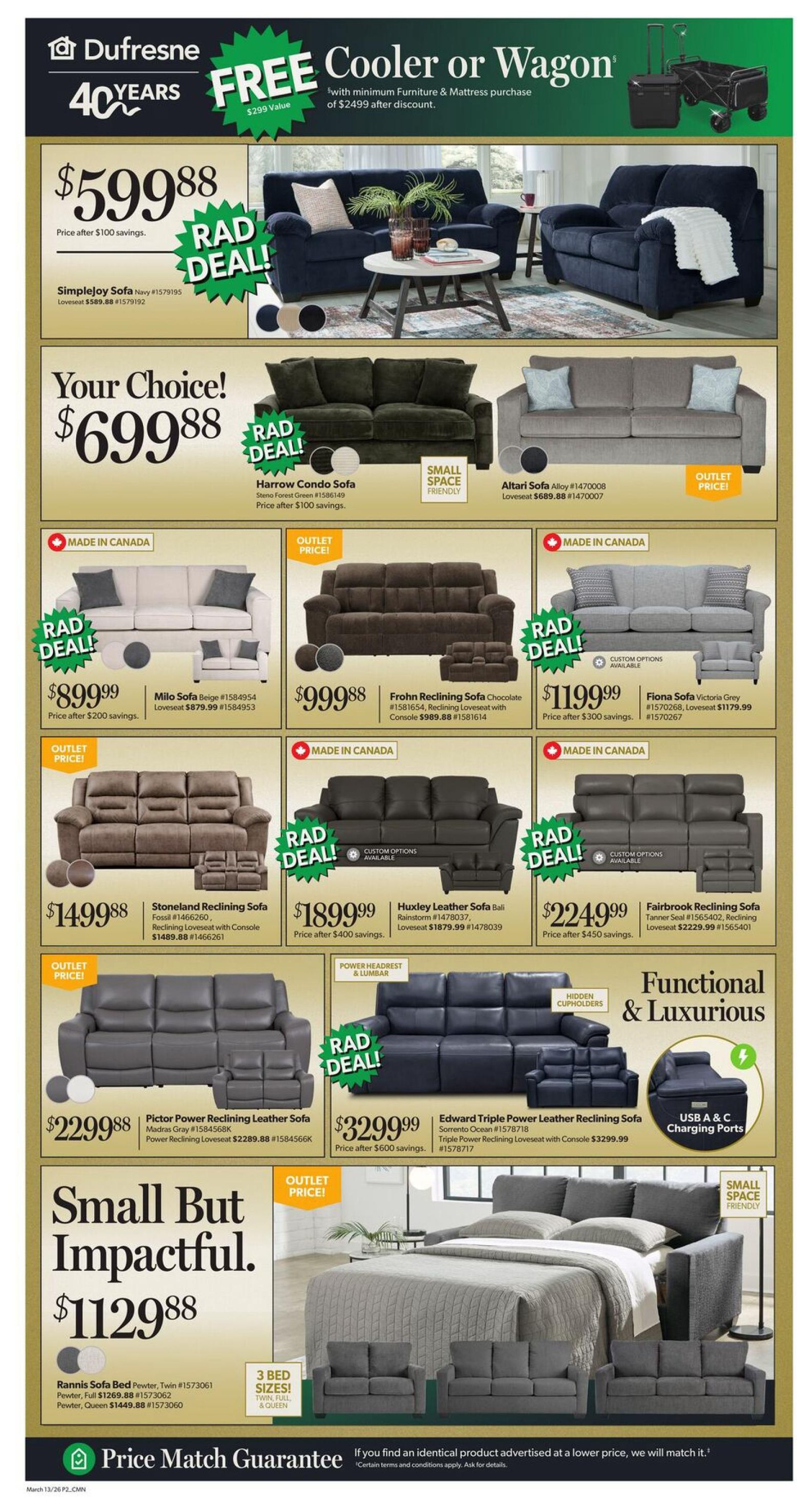 Dufresne Furniture 40 Years anniversary sale flyer. Page 2 features a FREE Cooler or Wagon with a minimum furniture & mattress purchase of $2499 after discount. Featured sofas include the Simplejoy Sofa Navy for $599.88, Harrow Condo Sofa in Slim Forest Green for $699.88, and Altari Sofa in Alloy for $699.88. Other deals include the Milo Sofa in Beige for $899.99 (price after $200 savings), Frohn Reclining Sofa Chocolate for $999.88, and Fiona Sofa in Victoria Grey for $1199.99 (price after $300 savings). Reclining sofa options are Stoneland Reclining Sofa Fossil for $1499.88, Huxley Leather Sofa Bali Rainstorm for $1899.99 (price after $400 savings), and Fairbrook Reclining Sofa Tanner Seal for $2249.99 (price after $450 savings). Power reclining sofas are also available: Pictor Power Reclining Leather Sofa Madras Gray for $2299.88 and Edward Triple Power Leather Reclining Sofa Sorrento Ocean for $3299.99 (price after $600 savings). The Rannis Sofa Bed in Pewter is available in Twin for $1129.88, Full for $1269.88, and Queen for $1449.88. All items are part of a 'Rad Deal' or 'Outlet Price' promotion. The flyer also highlights 'Small But Impactful' furniture, 'Power Headrest & Lumbar' features, 'Hidden Cupholders', 'USB A & C Charging Ports', and 'Small Space Friendly' options. Dufresne Furniture offers a Price Match Guarantee.