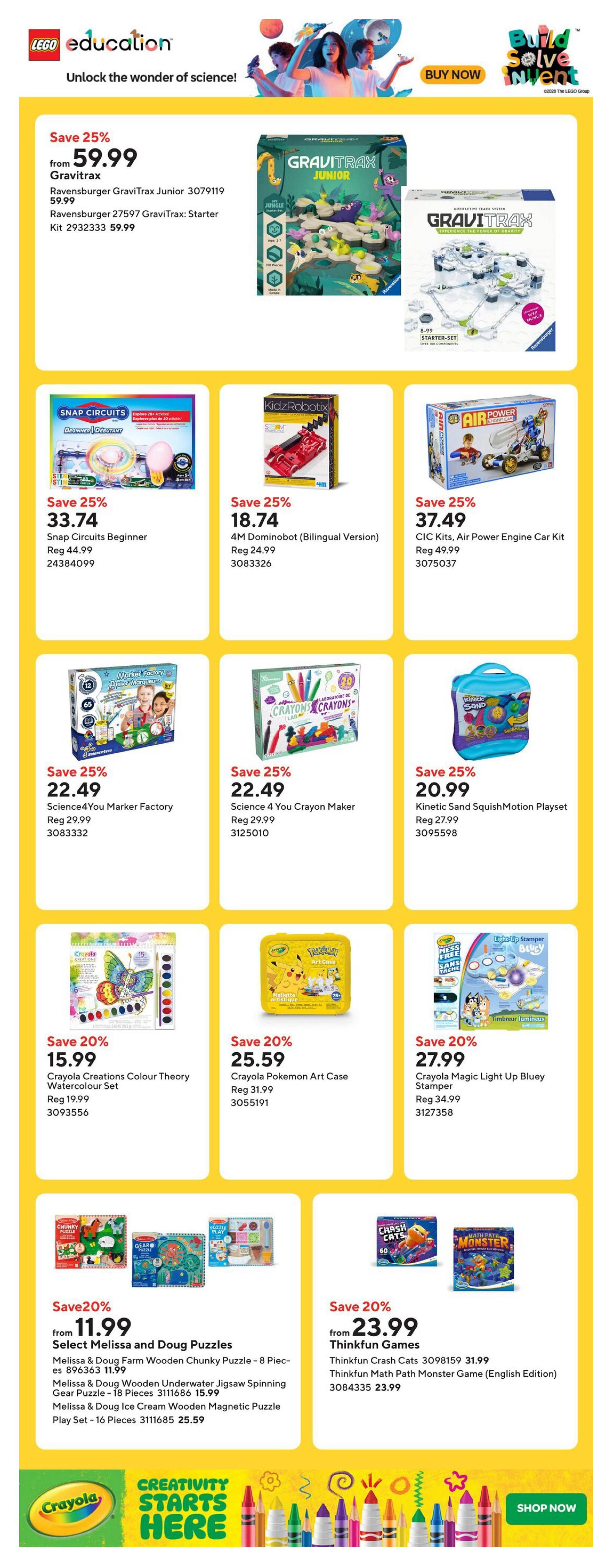 Staples Weekly Flyer Specials Page 10: Features LEGO Education products with a 'Build, Solve, Invent' theme. Includes Gravitrax Junior and Gravitrax Starter Set, with savings from $59.99. Other featured toys include Snap Circuits Beginner for $33.74 (save 25%), 4M Dominorobot (Bilingual) for $18.74 (save 25%), and CIC Kits Air Power Engine Car Kit for $37.49 (save 25%). Also available are Science4You Marker Factory and Science4You Crayon Maker for $22.49 each (save 25%), and Kinetic Sand SquishMotion Playset for $20.99 (save 25%). Art supplies include Crayola Creations Colour Theory Watercolour Set for $15.99 (save 20%), Crayola Pokemon Art Case for $25.59 (save 20%), and Crayola Magic Light Up Bluey Stamper for $27.99 (save 20%). The flyer also highlights Melissa & Doug Puzzles, with savings from $11.99, including the Chunky Puzzle, Underwater Jigsaw Spinning Gear Puzzle, and Ice Cream Wooden Magnetic Puzzle. Thinkfun Games are featured with savings from $23.99, including Crash Cats and Math Path Monster Game (English Edition).