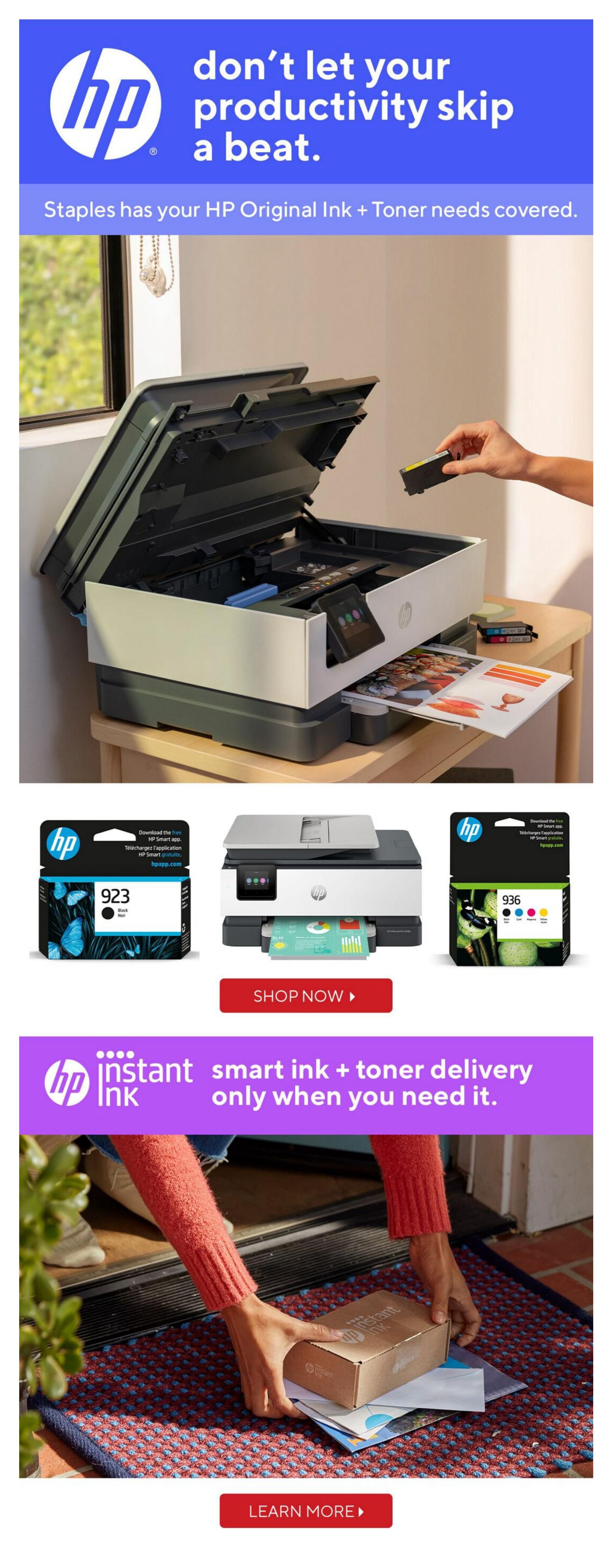 Staples flyer page featuring HP Original Ink and Toner. The top section shows an HP printer with a hand inserting ink. Below, there's an image of HP 923 black ink and HP 936 colour ink cartridges, alongside an HP printer. A 'Shop Now' button is visible. The bottom section highlights HP Instant Ink with a person receiving a package at their door, accompanied by a 'Learn More' button. This page focuses on HP's ink and toner solutions and delivery services.
