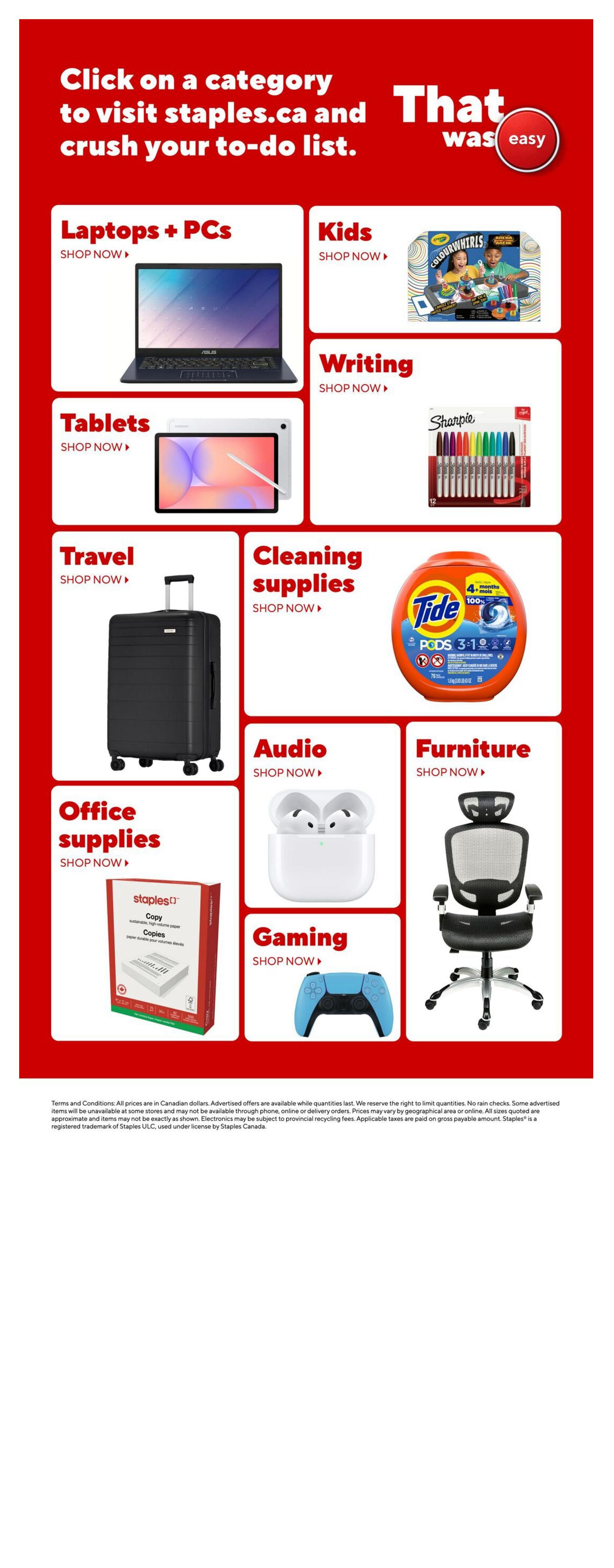 Staples weekly flyer page 18 features a 'That was easy' theme with clickable categories. Browse Laptops + PCs, Kids' items including Colourwhirls, Writing supplies like Sharpie markers, Tablets, Travel gear such as a black suitcase, Cleaning supplies featuring Tide PODS, Audio equipment with wireless earbuds, Furniture with an office chair, Office supplies showcasing Staples Copy paper, and Gaming accessories with a blue controller. Click on any category to visit staples.ca and shop your to-do list.