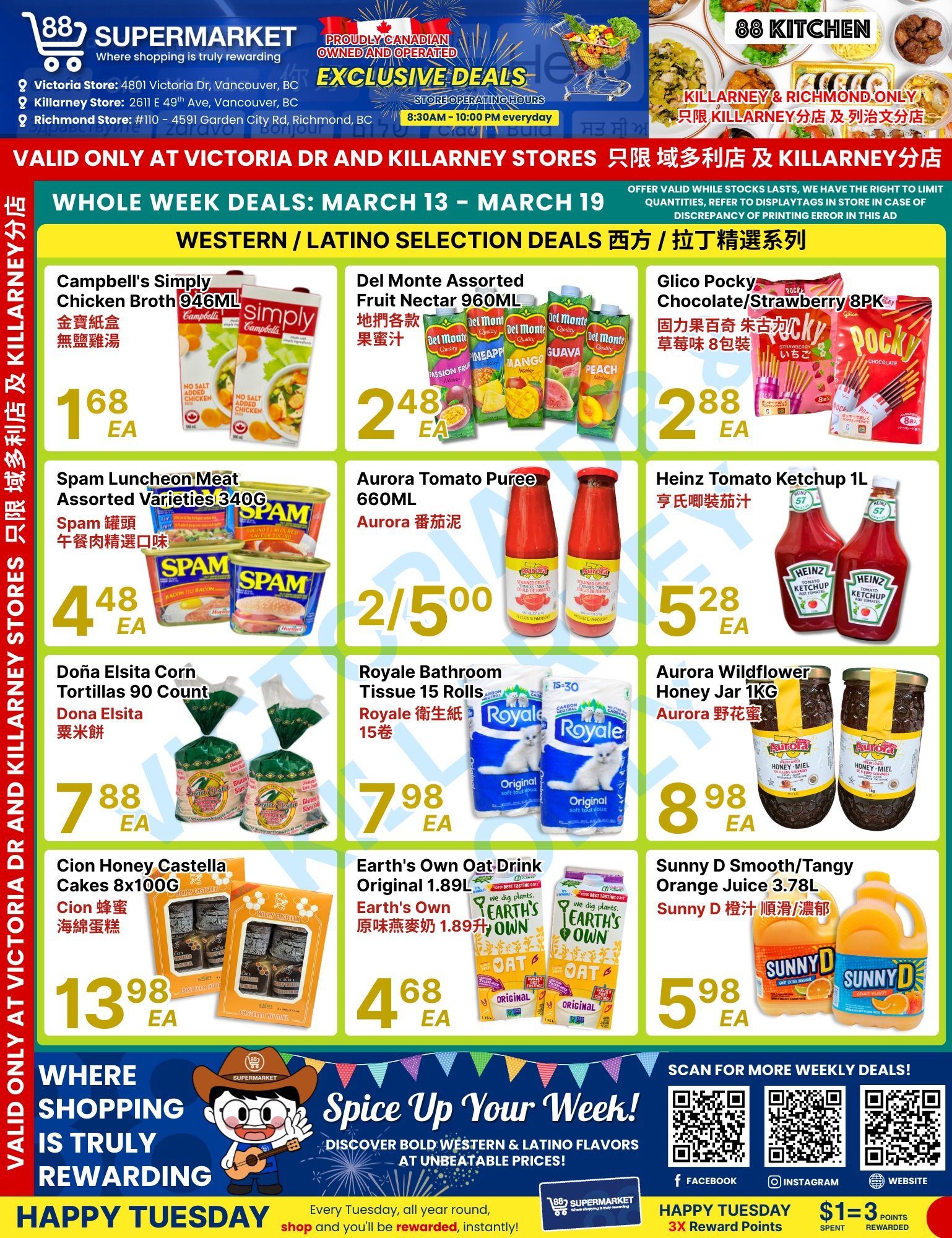88 Supermarket weekly flyer specials page 2, featuring Western/Latino selection deals from March 13-19. Highlights include Campbell's Simply Chicken Broth 946ML for $1.68, Del Monte Assorted Fruit Nectar 960ML for $2.48, and Glico Pocky Chocolate/Strawberry 8PK for $2.88. Also featured are Spam Luncheon Meat Assorted Varieties 340G for $4.48, Aurora Tomato Puree 660ML for 2 for $5.00, and Heinz Tomato Ketchup 1L for $5.28. Additionally, Doña Elsita Corn Tortillas 90 Count are $7.88, Royale Bathroom Tissue 15 Rolls are $7.98, and Aurora Wildflower Honey Jar 1KG is $8.98. Cion Honey Castella Cakes 8x100G are $13.98, Earth's Own Oat Drink Original 1.89L is $4.68, and Sunny D Smooth/Tangy Orange Juice 3.78L is $5.98. The bottom section promotes 'Spice Up Your Week!' with Western & Latino flavors, 'Happy Tuesday' with 3x Reward Points, and a '$1 = 3 Points' reward system. Social media links for Facebook, Instagram, and the website are also visible.