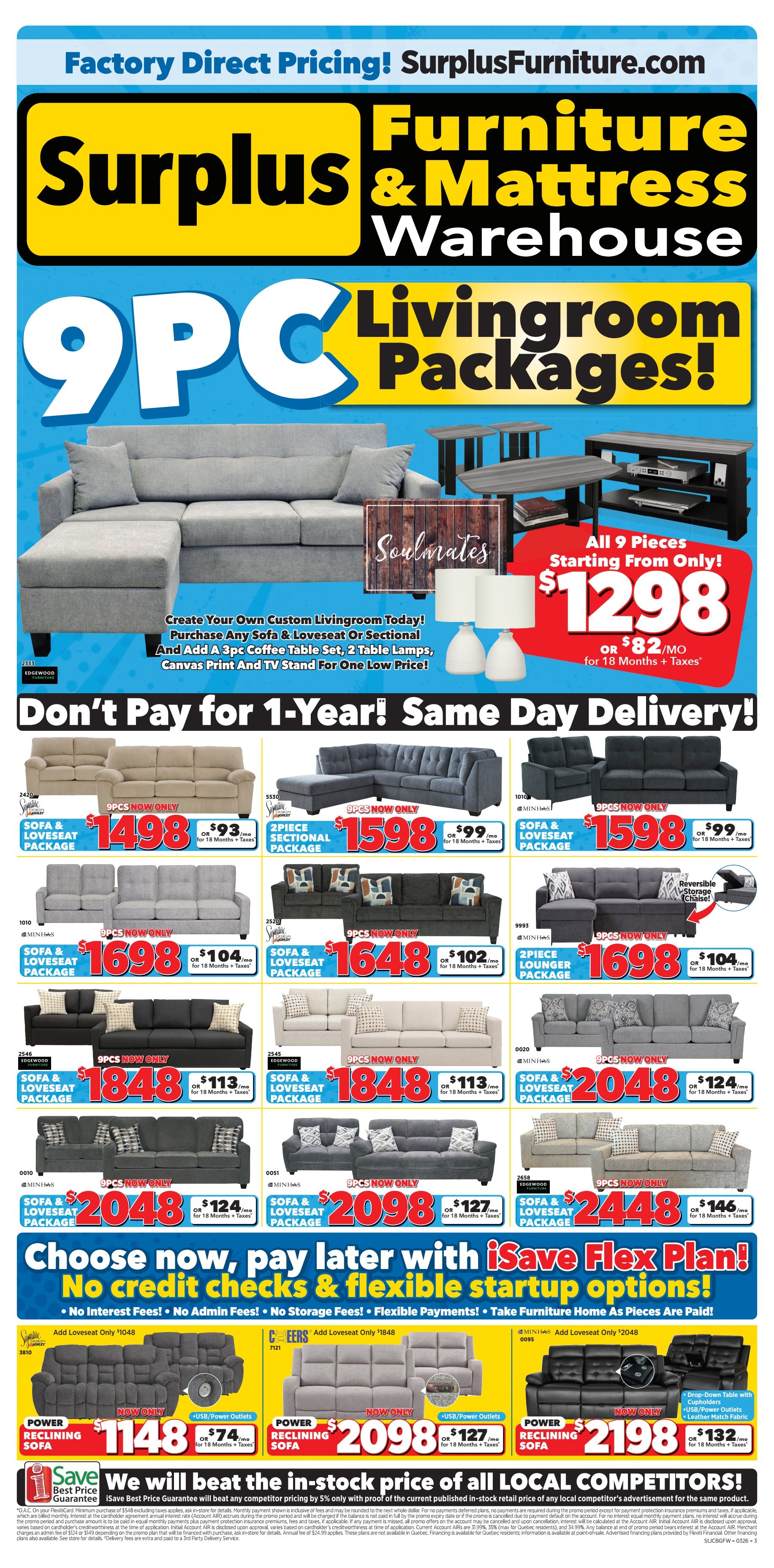 Surplus Furniture & Mattress Warehouse flyer page 1 features 9-piece living room packages. A large grey sectional sofa is shown with the text 'Soulmates' and a 9-piece package including a sofa, loveseat, 3pc coffee table set, 2 table lamps, canvas print, and TV stand is available starting from $1298 or $82/mo for 18 months plus taxes. The flyer also highlights a 'Don't Pay for 1-Year! Same Day Delivery!' offer. Several sofa and loveseat packages are displayed: a 9-piece sofa & loveseat package for $1498 or $93/mo, a 2-piece sectional package for $1598 or $99/mo, another 9-piece sofa & loveseat package for $1698 or $104/mo, a 2-piece sectional package for $1648 or $102/mo, a 9-piece sofa & loveseat package for $1848 or $113/mo, and a 2-piece lounger package for $1698 or $104/mo. Further down, a 9-piece sofa & loveseat package is priced at $2048 or $124/mo, another at $2098 or $127/mo, and a 9-piece sofa & loveseat package for $2448 or $146/mo. The 'iSave Flex Plan' allows choosing now and paying later with no credit checks or flexible startup options, including no interest, no admin fees, no storage fees, and flexible payments. Two power reclining sofas with USB outlets are featured: one for $1148 or $74/mo, and another for $2098 or $127/mo. A black power reclining sofa with drop-down tables and leather match fabric is $2198 or $132/mo. The flyer also includes a 'Save We Will beat the in-stock price of all LOCAL COMPETITORS!' guarantee with a 5% price beat.