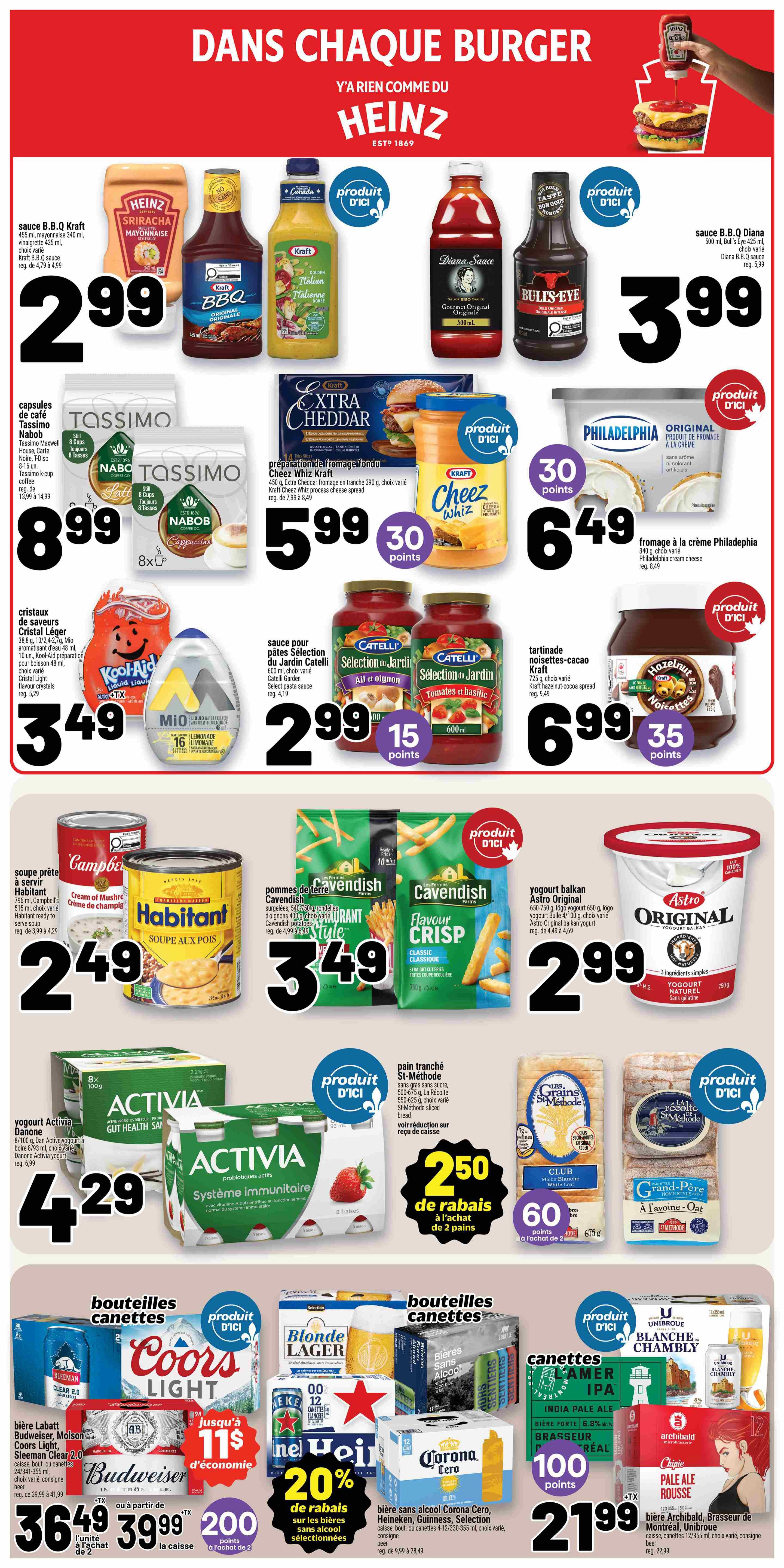 Metro Weekly Flyer Specials Page 3 features a 'Dans Chaque Burger' theme. Top section showcases Heinz products including B.B.Q. sauce, Sriracha mayonnaise, and Kraft Italian dressing for $2.99 each. Also featured are Diana Sauce B.B.Q. sauce and Bull's-Eye B.B.Q. sauce for $3.99. Tassimo Maxwell House, Carte Noire, and Nabob coffee pods are on sale for $8.99. Kraft Cheez Whiz or Extra Cheddar spreadable cheese is $5.99 with 30 bonus points. Philadelphia cream cheese is $6.49 with 30 bonus points. Cristal Lager beer is $3.49. Mio liquid water enhancers are $2.99 with 15 bonus points. Catelli Garden Select pasta sauce (Alfredo or Tomato Basil) is $2.99 with 15 bonus points. Kraft Hazelnut-Cocoa spread is $6.99 with 35 bonus points. Campbell's Habitant ready-to-serve soup is $2.49. Cavendish Farms Flavour Crisp fries are $3.49. Activia yogurt drinks are $4.29. Astro Original yogurt is $2.99. St-Méthode sliced bread is on sale for $2.50 with a $2 discount. Grains St-Méthode whole wheat bread is $2.50 with 60 bonus points. Grand-Père oat bread is also available. Beer specials include Coors Light, Molson Canadian, Budweiser, Sleeman Clear 2.0 for $36.49 to $39.99 per case, with 200 bonus points on select cases. Also featured are Blonde Lager, Heineken, Guinness, Corona Extra, and other selected beers and non-alcoholic beverages with a 20% discount on select items, and a special offer of 100 bonus points on select canned beer for $21.99.