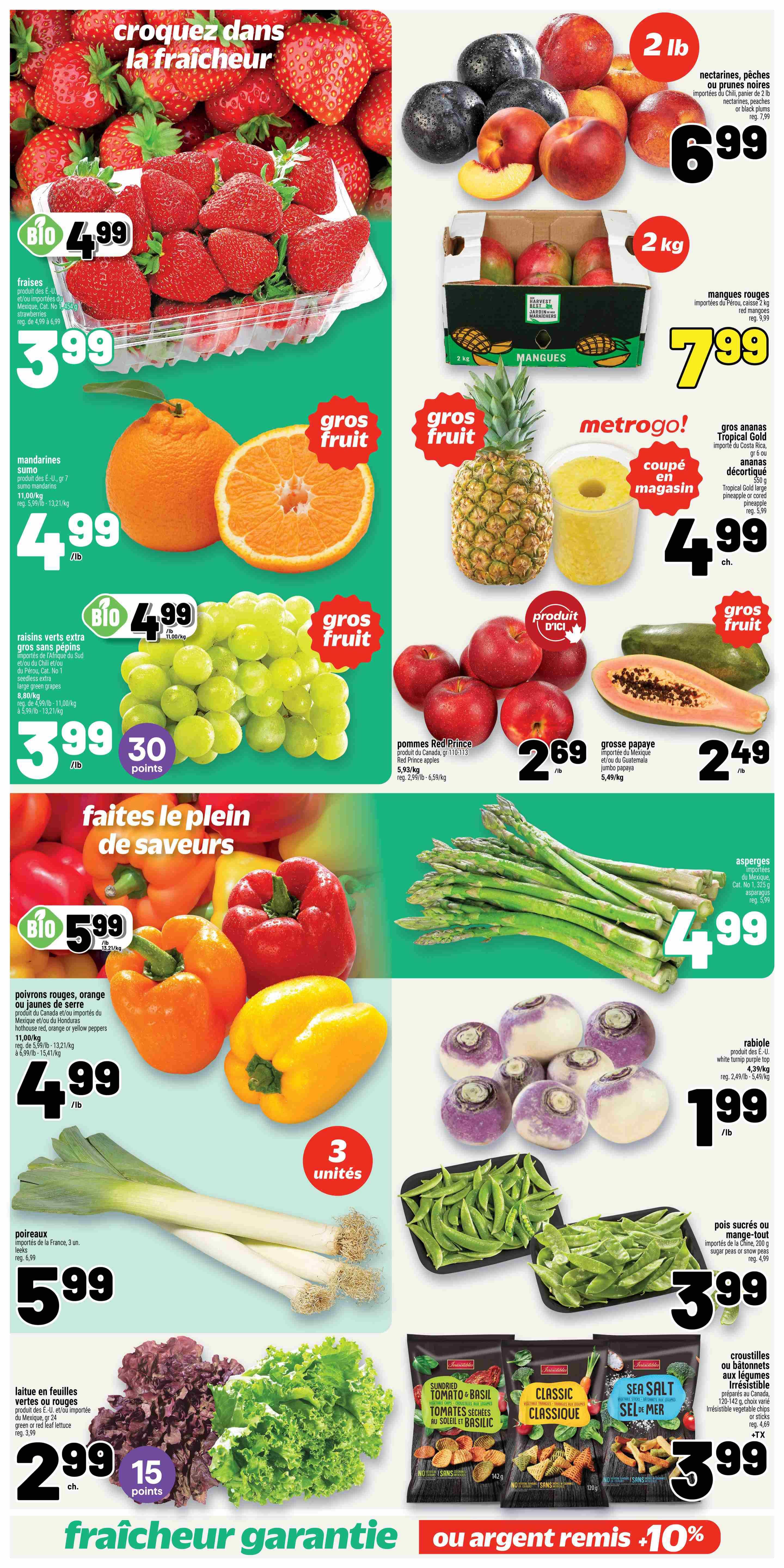 Metro weekly flyer specials page 6 featuring a variety of fresh produce. Highlights include strawberries for $3.99/lb, mandarins for $4.99/lb, and extra green seedless grapes for $3.99/lb with 30 bonus points. Also featured are nectarines, peaches or black plums for $6.99/2 lb, red mangos for $7.99/2 kg, and whole pineapples for $4.99 each. Red Prince apples are $2.69/lb, and jumbo papayas are $2.49/lb. Bell peppers (red, orange, or yellow) are 3 units for $4.99. Asparagus is $4.99/lb. Leeks are $5.99/3 units. E-U white turnip purple top are $1.99/lb. Snap peas or shelled peas are $3.99/bag. Green or red leaf lettuce is $2.99 each. Irresistible vegetable chips (Sundried Tomato & Basil, Classic, or Sea Salt) are $3.99 each.