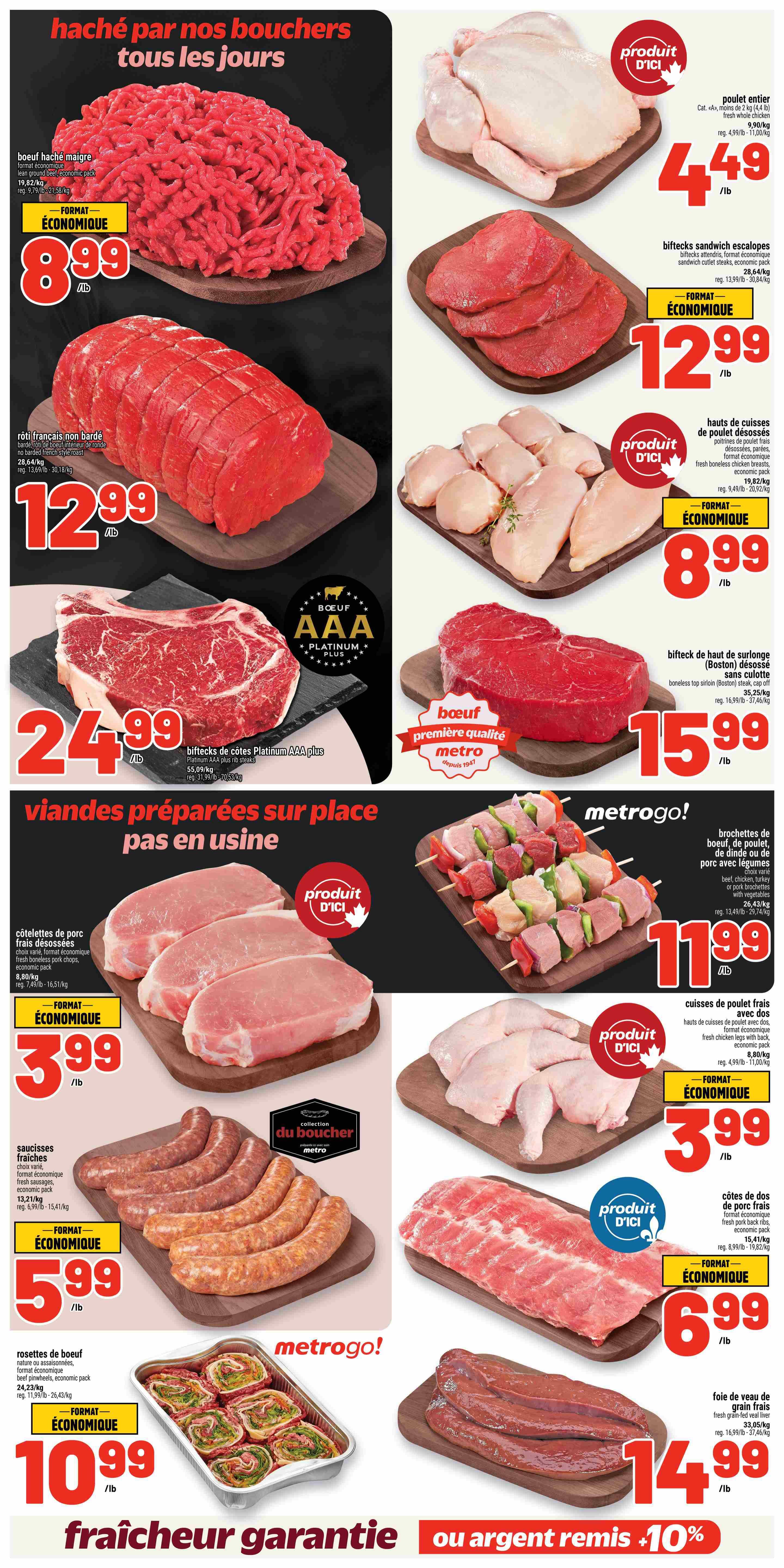 Metro weekly flyer specials page 9 features a variety of meat products. On the left side, ground beef is on sale for $8.99/lb, a boneless French-style roast for $12.99/lb, and Platinum Plus AAA rib steaks for $24.99/lb. Below these, fresh boneless pork chops are priced at $3.99/lb, and fresh sausages are $5.99/lb. Beef pinwheels are available for $10.99/lb. On the right side, a whole chicken is $4.49/lb. Beef sandwich steaks are $12.99/lb. Boneless, skinless chicken thighs are $8.99/lb. Boneless top sirloin (Boston) steaks are $15.99/lb. Beef, pork, or chicken skewers with vegetables are $11.99/lb. Fresh chicken legs are $3.99/lb. Pork back ribs are $6.99/lb. Fresh grain-fed beef liver is $14.99/lb. The bottom banner advertises 'Freshness Guaranteed or 10% back'.