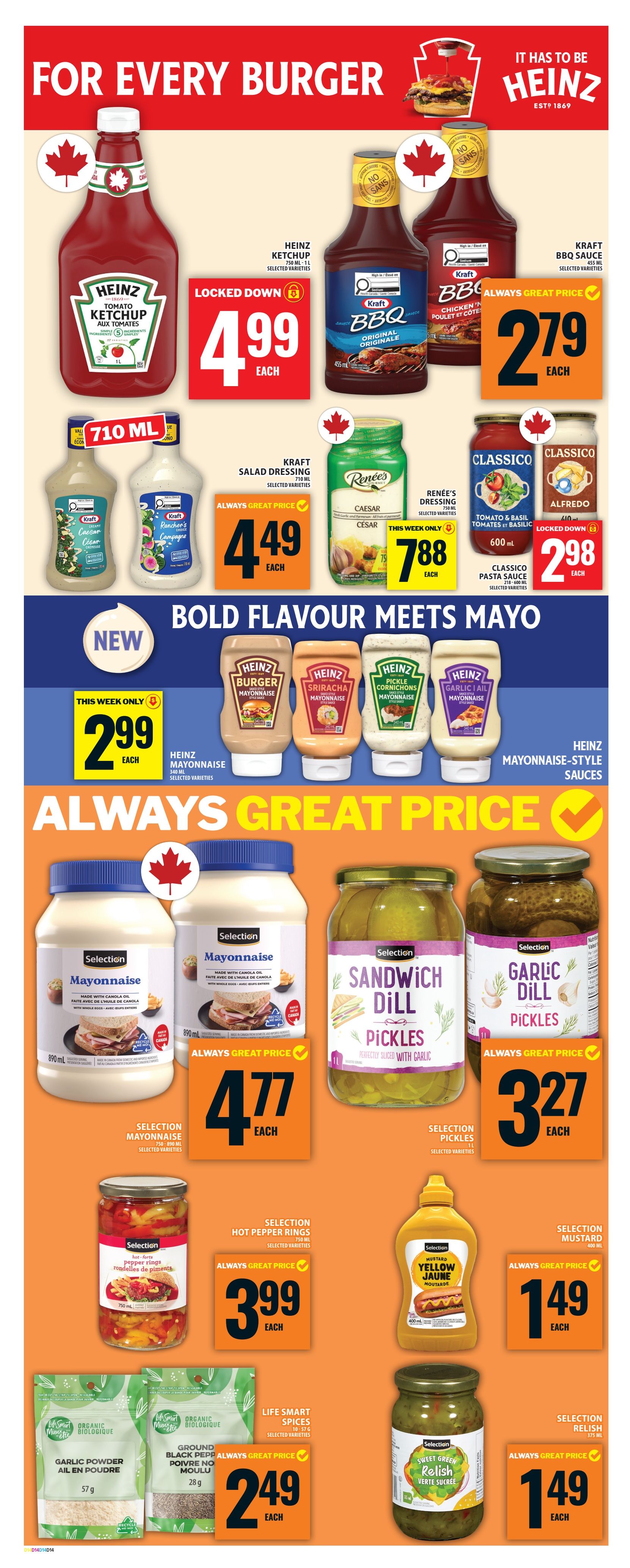 Food Basics weekly flyer specials page 16 features burger toppings and condiments. Heinz Ketchup is locked down at $4.99 each. Kraft BBQ Sauce is $2.79 each. Kraft Salad Dressing and Renee's Dressing are $4.49 each. Classico Tomato & Basil and Alfredo Pasta Sauce are $2.98 each. New Heinz Mayonnaise-style sauces, including Burger, Sriracha, Pickle & Cornichon, and Garlic & Dill varieties, are on sale this week only for $2.99 each. Selection Mayonnaise is $4.77 each. Selection Sandwich Dill Pickles and Garlic Dill Pickles are $3.27 each. Selection Hot Pepper Rings are $3.99 each. Selection Mustard is $1.49 each. Life Smart Organic Spices, including Garlic Powder and Ground Black Pepper, are $2.49 each. Selection Sweet Green Relish is $1.49 each.