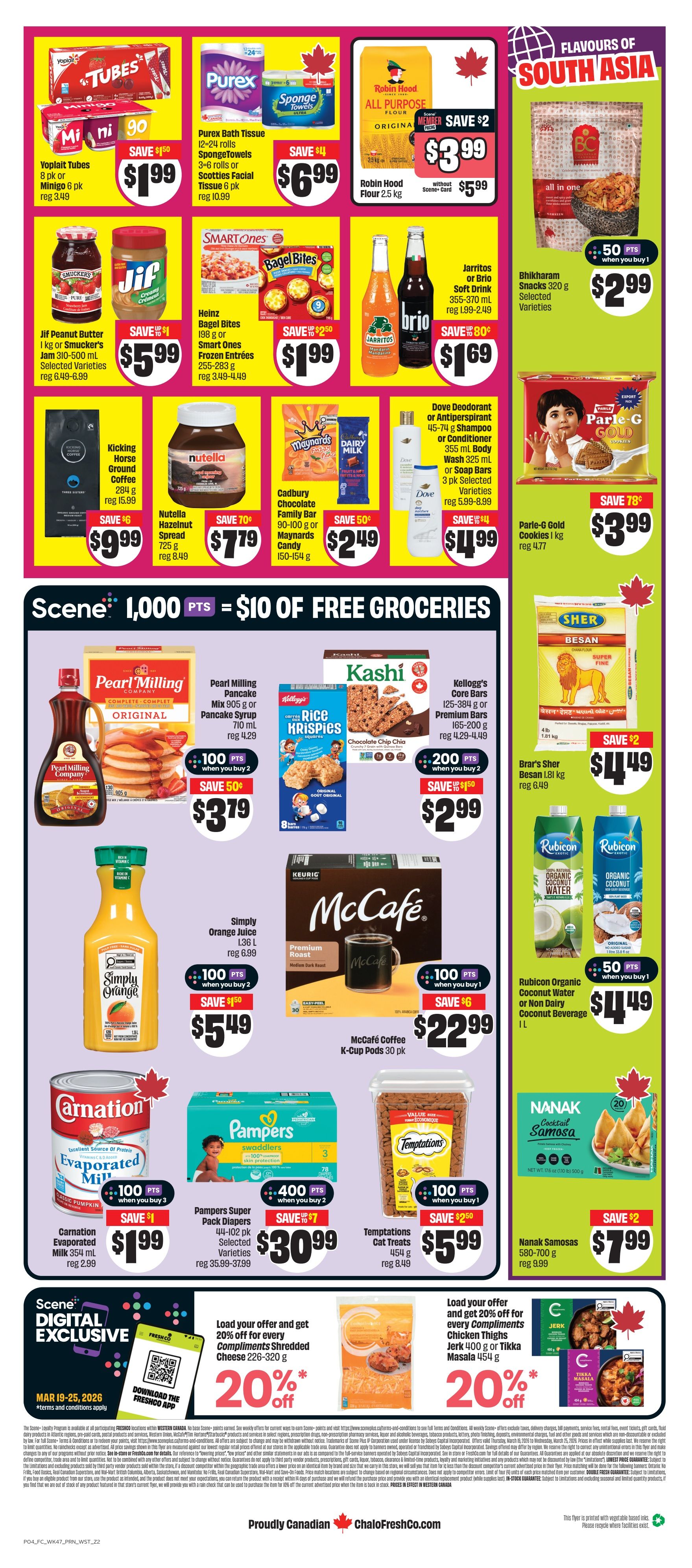 FreshCo flyer page 2 featuring various deals. Top row includes Yoplait Tubes 6 pk or Minigo 6 pk for $1.99, Purex Bath Tissue 12-24 rolls or SpongeTowels 6 pk for $6.99, and Robin Hood All Purpose Flour 2.5 kg for $3.99. Also on the top row is Bhikharam Snacks 320 g for $2.99. Middle row highlights Jif Peanut Butter or Smucker's Jam 310-500 ml for $5.99, Heinz Bagel Bites or Smart Ones Frozen Entrees 198 g or 255-283 g for $1.99, Jarritos or Brio Soft Drink 355-473 ml for $1.69, Dove Deodorant 45-74 g or Shampoo/Conditioner 355 ml or Body Wash 325 ml or Soap Bars 3 pk for $4.99, and Parle-G Gold Cookies 1 kg for $3.99. The bottom row showcases Kicking Horse Ground Coffee 284 g for $9.99, Nutella Hazelnut Spread 725 g for $7.79, Cadbury Chocolate Family Bar 90-100 g or Maynards Candy 150-154 g for $2.49. Scene digital exclusive offers include 20% off every Compliments Shredded Cheese 226-320 g and 20% off every Compliments Chicken Thighs Jerk 400 g or Tikka Masala 454 g. Other deals include Pearl Milling Pancake Mix 905 g or Pancake Syrup 710 ml for $3.79, Kashi Cereal 285-384 g or Kellogg's Core Bars 165-200 g for $2.99, Simply Orange Juice 1.36 L for $5.49, McCafe Coffee K-Cup Pods 30 pk for $22.99, Rubicon Organic Coconut Water or Non Dairy Coconut Beverage 1 L for $4.49, Carnation Evaporated Milk 354 ml for $1.99, Pampers Super Pack Diapers 44-102 pk for $30.99, Temptations Cat Treats 454 g for $5.99, and Nanak Samosas 580-700 g for $7.99.99.99. Scene+ members can earn points on select purchases.