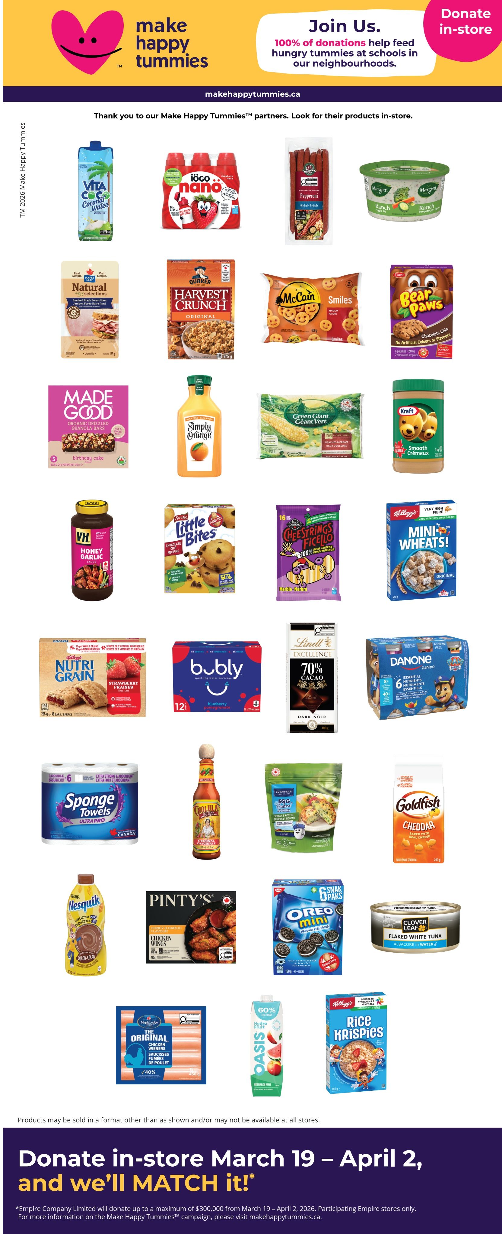 FreshCo flyer page 5 featuring various food products. Items include Vita Coco Coconut Water, IOGO Nano Strawberry Yogurt, pepperoni sticks, Margyn Ranch dip, Natural Selections sliced ham, Quaker Harvest Crunch cereal, McCain Smiles, Bear Paws Chocolate Chip cookies, Made Good Birthday Cake granola bars, Simply Orange juice, Green Giant corn, Kraft Smooth peanut butter, VH Honey Garlic sauce, Smucker's Little Bites chocolate chip muffins, Cheestrings Ficello, Kellogg's Mini Wheats cereal, Nutri Grain Strawberry bars, bubly Blueberry sparkling water, Lindt Excellence 70% Cacao dark chocolate, Danone Danino yogurt drinks, Sponge Towels Ultra Pro, Cholula Original hot sauce, Green Giant Egg Bites, Goldfish Cheddar crackers, Nesquik chocolate milk mix, Pinty's Chicken Wings, Oreo Mini cookies, Clover Leaf Flaked White Tuna, Maple Lodge The Original Chicken Wieners with 40% off, Oasis Hydrate Fruit drink, and Kellogg's Rice Krispies cereal. The page also highlights the 'Make Happy Tummies' campaign, encouraging in-store donations from March 19 to April 2, which will be matched.
