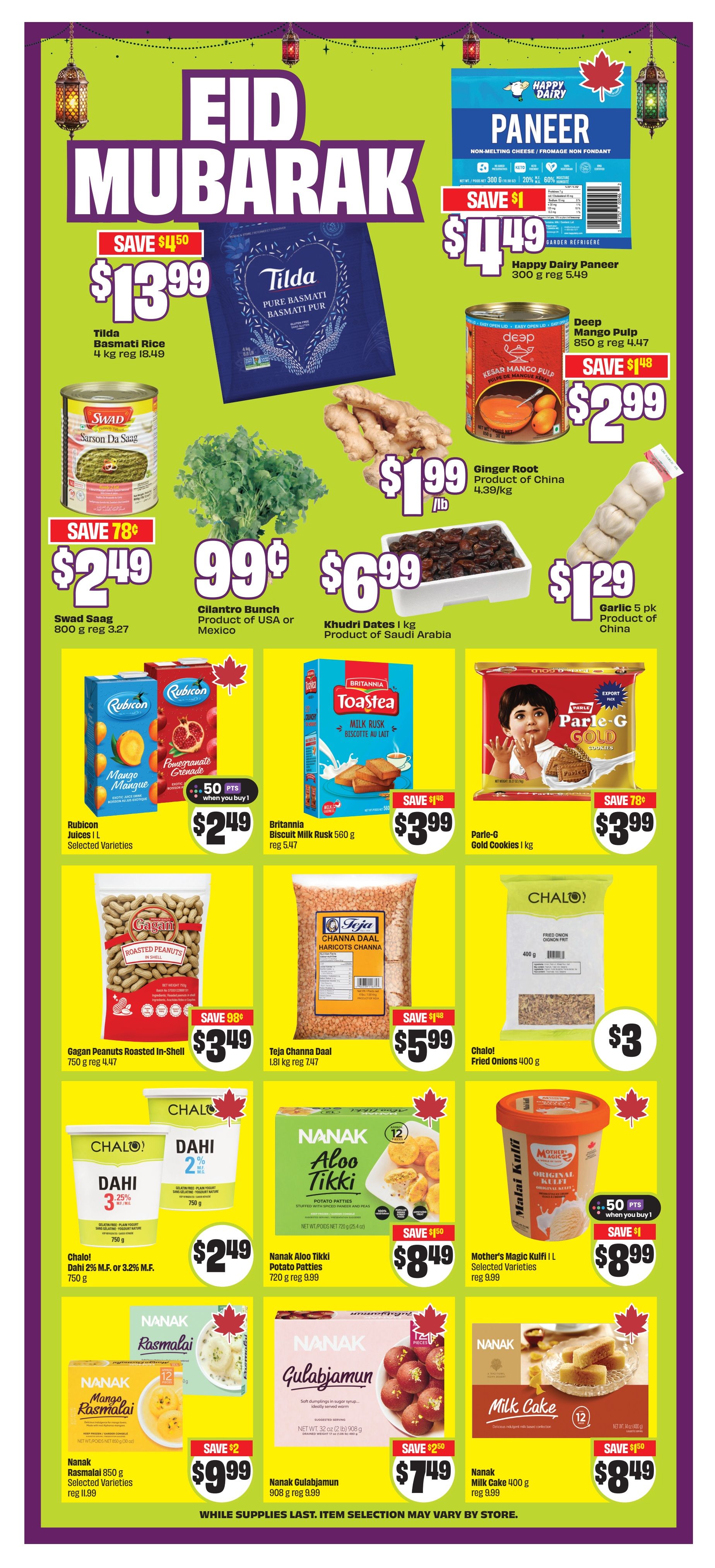 FreshCo flyer page 9 features an Eid Mubarak celebration with various food items. Featured products include Tilda Basmati Rice for $13.99 (save $4.50), Happy Dairy Paneer for $4.49 (save $1), Deep Mango Pulp for $2.99 (save $1.48), Swad Saag for $2.49 (save 78¢), Cilantro Bunch for 99¢, Khadri Dates for $6.99, and Garlic 5 pk for $1.29. Also available are Ginger Root for $1.99/lb, Rubicon Juices (Mango, Pomegranate) for $2.49, Britannia Milk Rusk Biscuits for $3.99 (save $1.48), and Parle-G Gold Cookies for $3.99 (save 78¢). Other deals include Gagan Peanuts Roasted In-Shell for $3.49 (save 98¢), Teja Channa Daal for $5.99 (save $1.48), Chalo! Fried Onions for $3, Chalo! Dahi (2% or 3.25% M.F.) for $2.49, Nanak Aloo Tikki Potato Patties for $8.49 (save $1.50), Mother's Magic Kulfi for $8.99 (save $1), Nanak Rasmalai for $9.99, Nanak Gulabjamun for $7.49 (save $2.50), and Nanak Milk Cake for $8.49 (save $1.50). While supplies last. Item selection may vary by store.