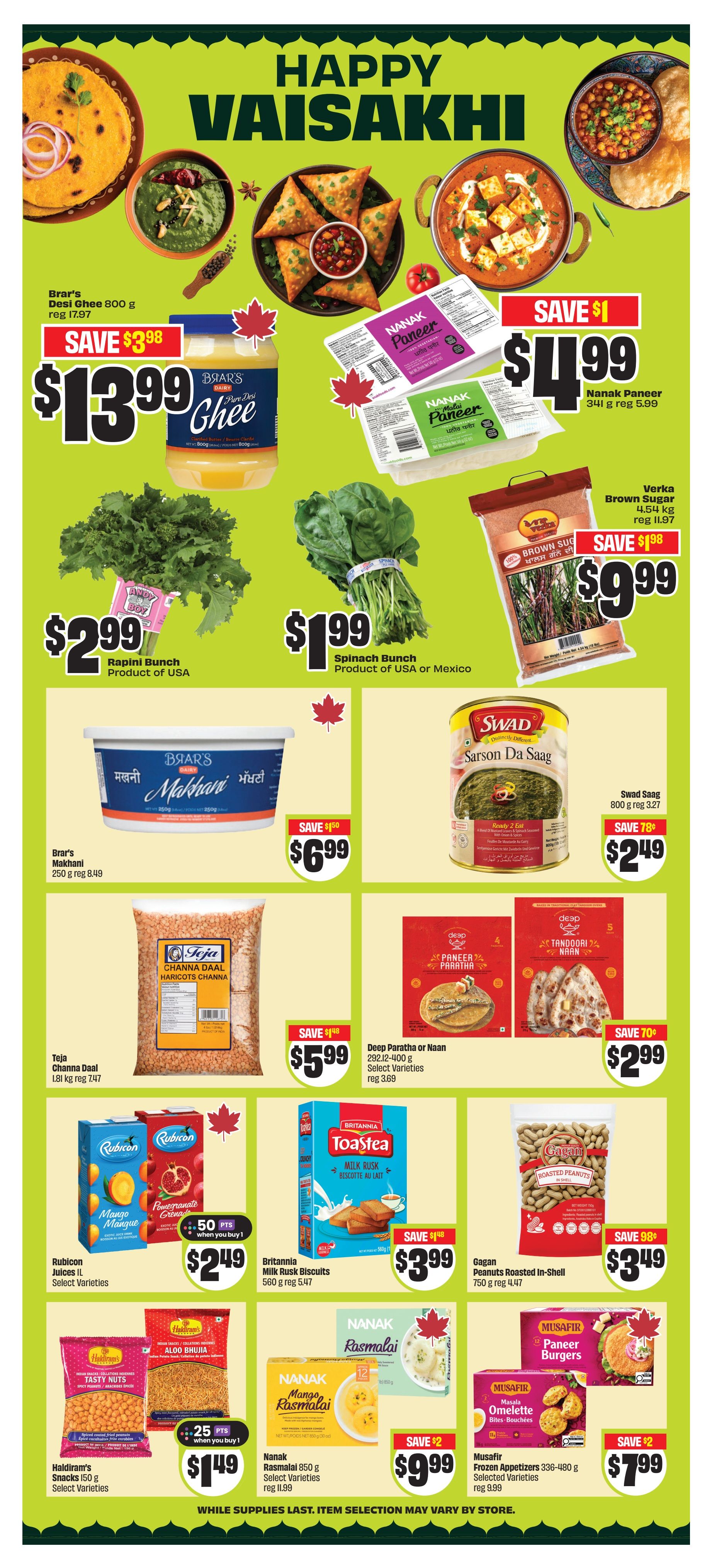 FreshCo flyer page 10 features a Happy Vaisakhi theme with various food items. Highlights include Brar's Desi Ghee 800g for $13.99 (save $3.98), Nanak Paneer 341g for $4.99 (save $1), Rapini Bunch for $2.99, and Spinach Bunch for $1.99. Also featured are Verka Brown Sugar 4.54kg for $9.99 (save $1.98), Brar's Makhani 250g for $6.99 (save $1.50), and Swad Saag 800g for $2.49 (save $0.78). Other deals include Teja Channa Daal 1.81kg for $5.99 (save $1.48), Deep Paratha or Naan 292-400g for $2.99 (save $0.70), Rubicon Juices 1L for $2.49, Britannia Milk Rusk Biscuits 560g for $3.99 (save $1.48), Gagan Peanuts Roasted In-Shell 750g for $3.49 (save $0.98), Haldiram's Snacks 150g for $1.49, Nanak Rasmalai 850g for $9.99 (save $2), and Musafir Frozen Appetizers 336-480g for $7.99 (save $2).