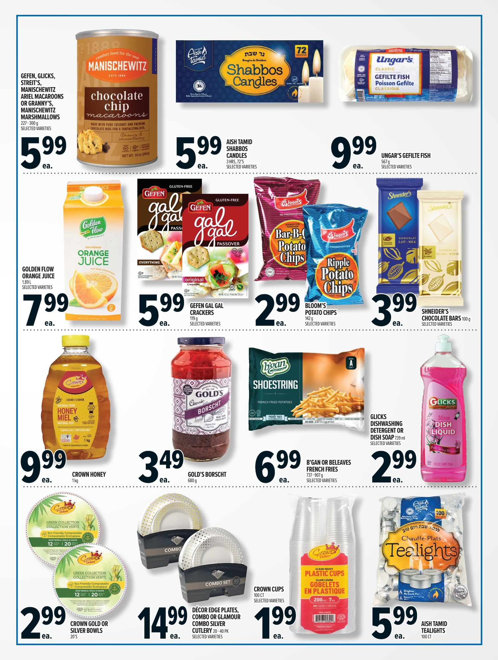Metro Ontario flyer, page 2. Featured products include Manischewitz chocolate chip macaroons for $5.99, Aish Tamid Shabbos candles for $5.99, and Ungar's Gefilte fish for $9.99. Also available are Golden Flow orange juice for $7.99, Gefen Gal Gal crackers for $5.99, Bloom's potato chips for $2.99, and Shneider's chocolate bars for $3.99. Other items on sale are Crown Honey for $9.99, Gold's Borscht for $3.49, B'Gan or Beleaves French fries for $6.99, Glicks dishwashing detergent or dish soap for $2.99, Crown Gold or Silver bowls for $2.99, Décor Edge plates, combo or glamour combo silver cutlery for $14.99, Crown cups for $1.99, and Aish Tamid tealights for $5.99.