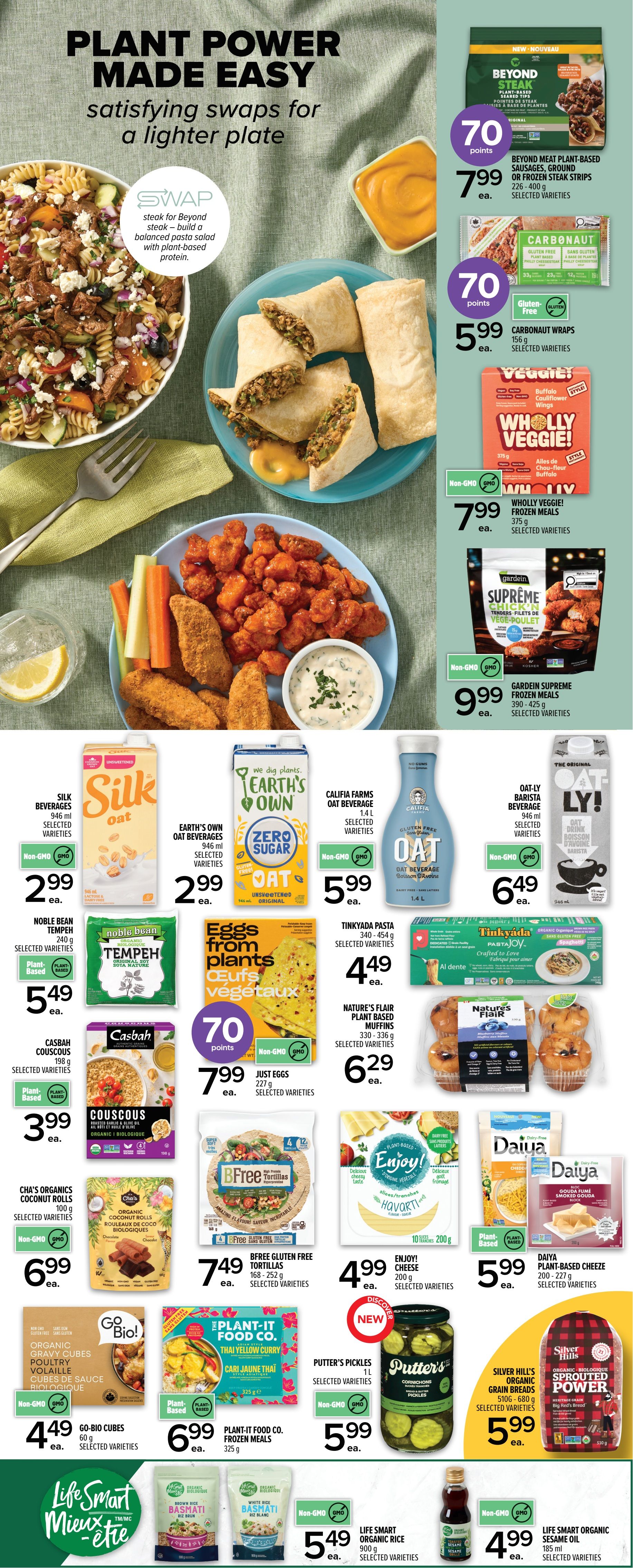 Metro Ontario flyer, page 2, featuring 'Plant Power Made Easy' with satisfying swaps for a lighter plate. Highlights include Beyond Meat plant-based steak or frozen steak strips for $7.99, Carbonaut wraps for $5.99, and Wholly Veggie! frozen meals for $7.99. Gardein Supreme chicken tenders frozen meals are $9.99. Dairy alternatives like Silk beverages, Earth's Own oat beverages, Califia Farms oat beverage, and Oat-ly! barista oat drink are available for $2.99, $2.99, $5.99, and $6.49 respectively. Other featured items include Noble Bean tempeh for $5.49, Casbah couscous for $3.99, Just Eggs for $7.99, Nature's Flair plant-based muffins for $6.29, Tinkyada pasta for $4.49, BFree gluten-free tortillas for $7.49, Enjoy! cheese for $4.99, Daiya plant-based cheeze for $5.99, Cha's Organics coconut rolls for $6.99, Go-Bio! cubes for $4.49, Plant-It Food Co. Thai yellow curry for $6.99, Putter's Pickles for $5.99, Silver Hills organic grain breads for $5.99, and Life Smart organic rice and sesame oil for $5.49 and $4.99. The page also showcases a pasta salad with plant-based protein and plant-based wraps.