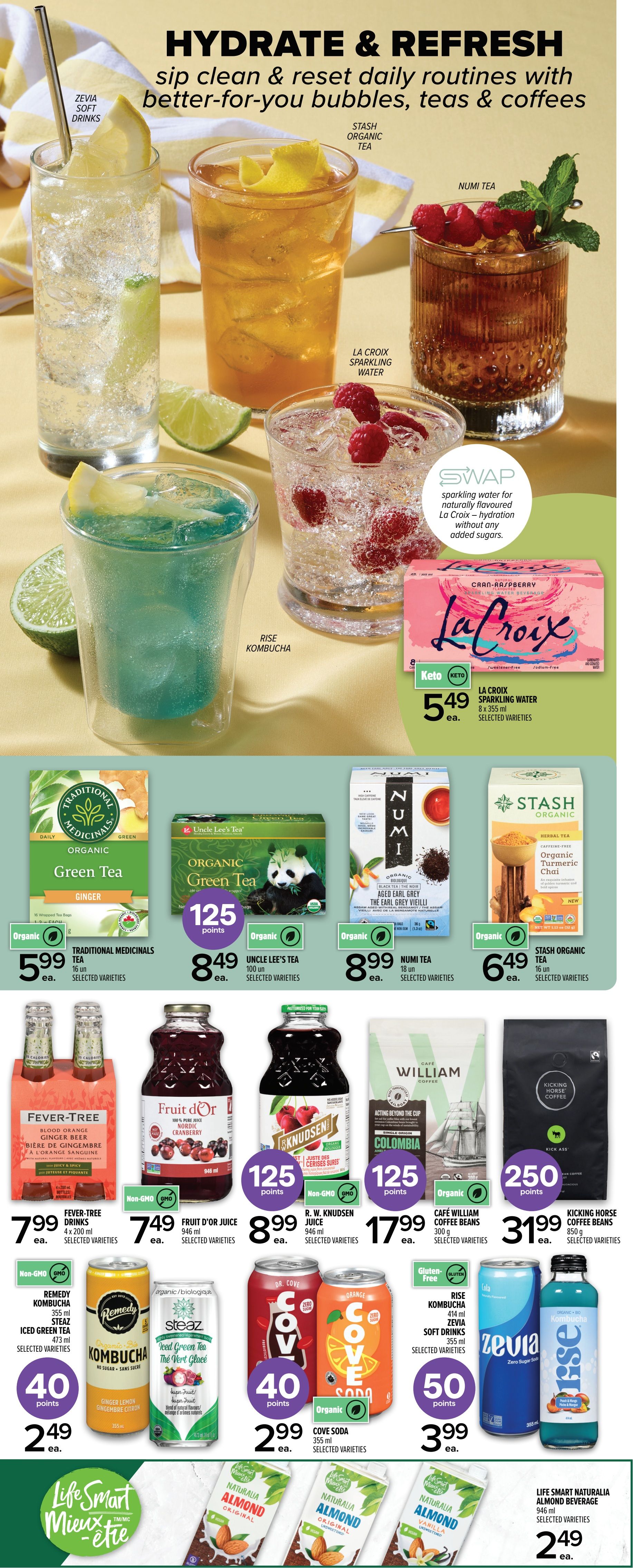 Metro Ontario flyer page 5 featuring a 'Hydrate & Refresh' theme with various beverages. Pictured are Zevia soft drinks, Numi Tea, Stash Organic Tea, La Croix Sparkling Water in Cran-Raspberry flavour for $5.49, Traditional Medicinals Organic Green Tea Ginger for $5.99, Uncle Lee's Organic Green Tea for 125 points and $8.49, Numi Tea Aged Earl Grey for $8.99, and Stash Organic Turmeric Chai for $6.49. Also featured are Fever-Tree Blood Orange Ginger Beer 4 x 200 ml for $7.99, Fruit d'Or Nordic Cranberry Juice 946 ml for $7.49, R.W. Knudsen Just Desserts Juice 946 ml for 125 points and $8.99, Cafe William Coffee Beans 300 g for 125 points and $17.99, and Kicking Horse Coffee Beans 850 g for 250 points and $31.99. On sale are Remedy Kombucha 355 ml and Steaz Iced Green Tea 473 ml for 40 points and $2.49 each. Cove Soda 355 ml is also 40 points and $2.99 each. Rise Kombucha Zevia Soft Drinks are 50 points and $3.99. Finally, Life Smart Naturalia Almond Beverage 946 ml is $2.49.