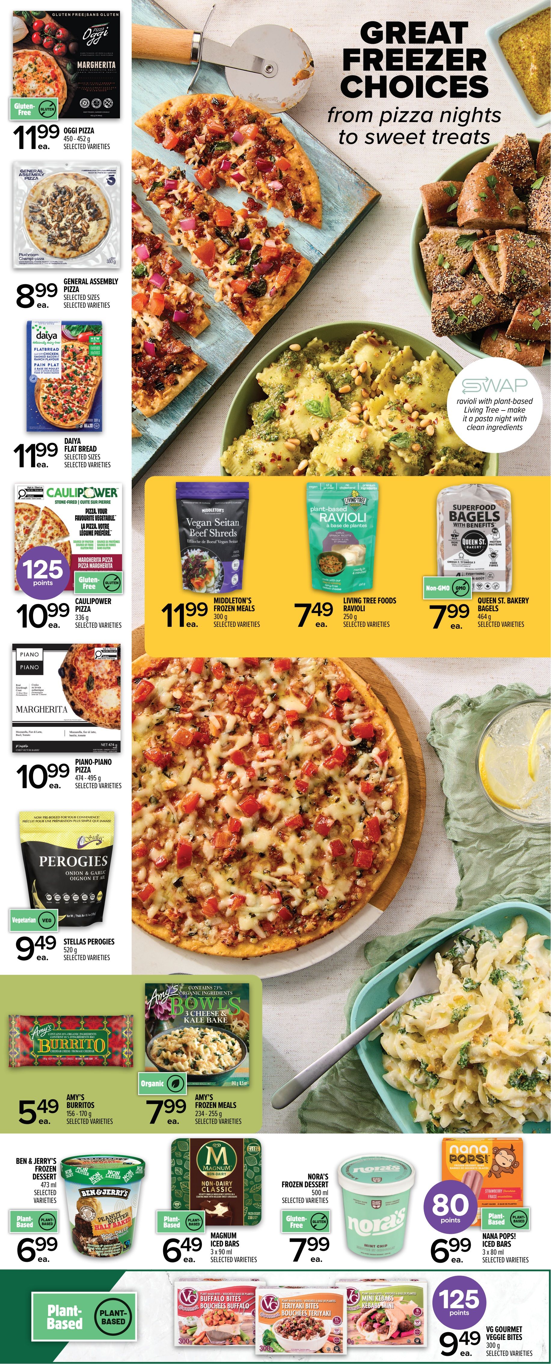 Metro Ontario flyer page 6 features great freezer choices. Featured products include Oggi Pizza at $11.99, General Assembly Pizza at $8.99, Daiya Flat Bread Pizza at $11.99, Caulipower Pizza at $10.99 with 125 points, Piano Piano Margherita Pizza at $10.99, Stellas Perogies at $9.49, Middleton's Vegan Seitan Beef Shreds Frozen Meals at $11.99, Living Tree Foods Plant-Based Ravioli at $7.49, and Queen St. Bakery Superfood Bagels at $7.99. Also on sale are Amy's Burritos at $5.49, Amy's Frozen Meals at $7.99, Ben & Jerry's Frozen Dessert at $6.99, Magnum Iced Bars at $6.49, Nora's Frozen Dessert at $7.99, and Nana Pops! Iced Bars at $6.99 with 80 points. The bottom section highlights VG Gourmet Veggie Bites at $9.49 with 125 points, including Buffalo Bites, Teriyaki Bites, and Mini Kebabs.