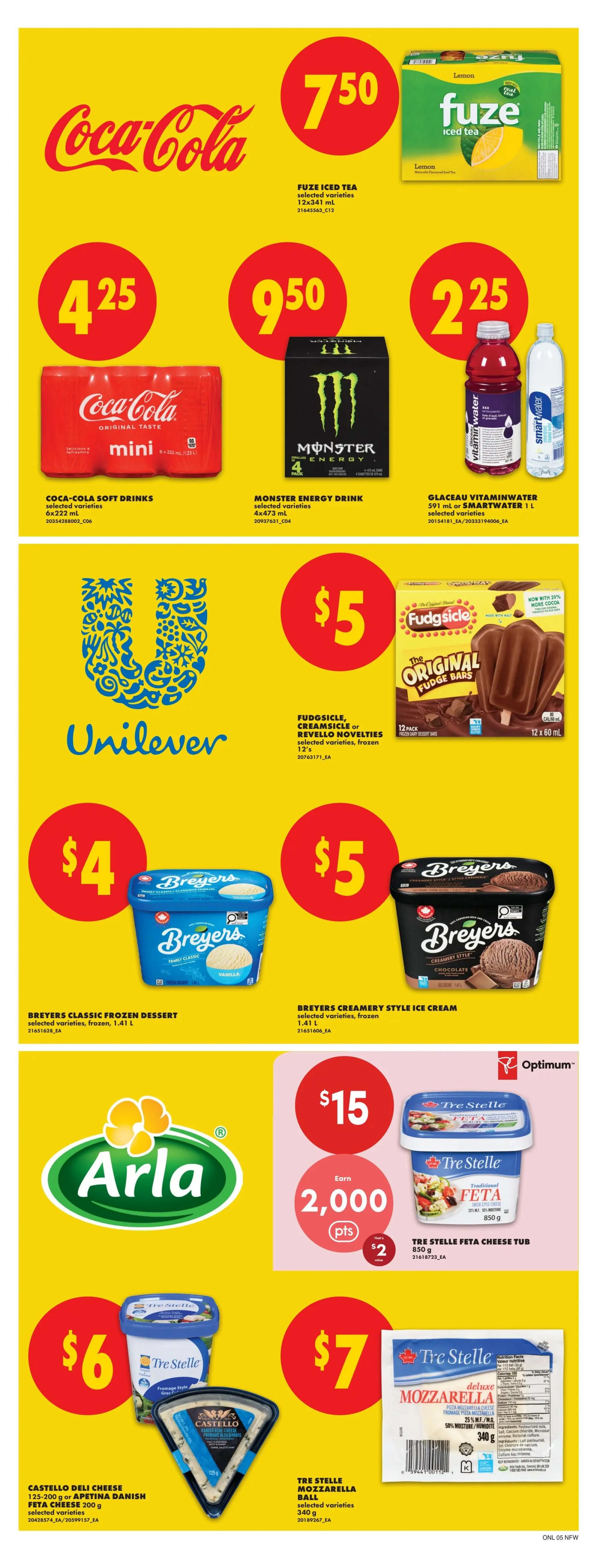 No Frills weekly flyer specials page 12 featuring Coca-Cola soft drinks 6x222 mL for $4.25, Fuze Iced Tea 12x341 mL for $7.50, Monster Energy Drink 4x473 mL for $9.50, and Glaceau Vitaminwater 591 mL or Smartwater 1 L for $2.25. Also on sale are Fudgsicle, Creamsicle or Revello Novelties 12's for $5, Breyers Classic Frozen Dessert 1.41 L for $4, and Breyers Creamery Style Ice Cream 1.41 L for $5. The page also highlights Arla products with an offer to earn 2,000 Optimum points when you buy Tre Stelle Feta Cheese Tub 850 g, with a special price of $2. Additionally, Castello Deli Cheese 125-200 g or Apetina Danish Feta Cheese 200 g is $6, and Tre Stelle Mozzarella Ball 340 g is $7.
